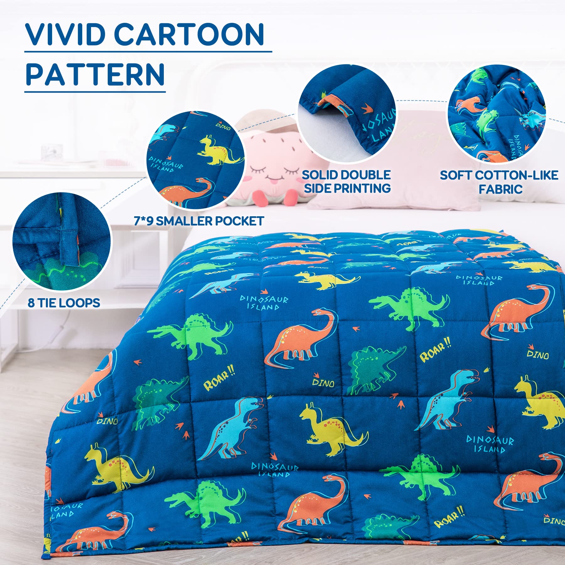 **Kivik 3lbs Weighted Blanket - Blue Dinosaur Design, Soft & Washable Heavy Blanket for Kids & Adults (36x48 Inches) - Perfect for Stress Relief, Anxiety, and Better Sleep**