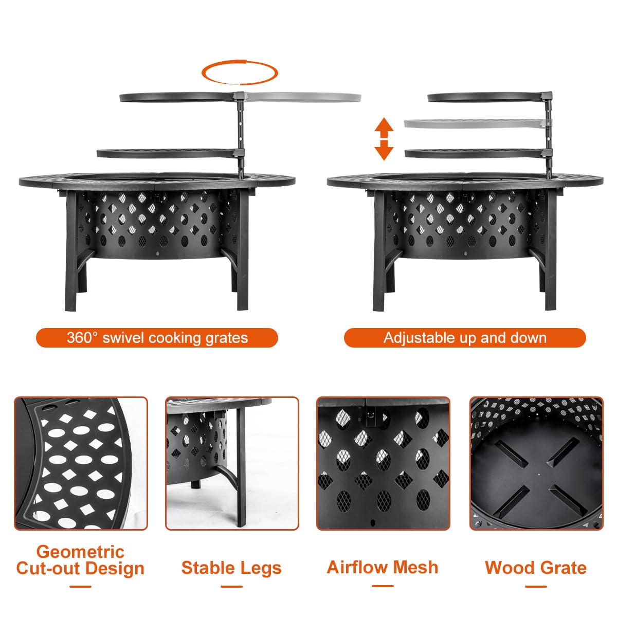 42 Inch Extra Large Wood Burning Fire Pit with 2 Grills, Lid & Poker - Heavy Duty 3-in-1 Outdoor Fire Pit, BBQ Grill & Round Metal Table for Patio, Backyard, Camping, Picnic & Party Gatherings