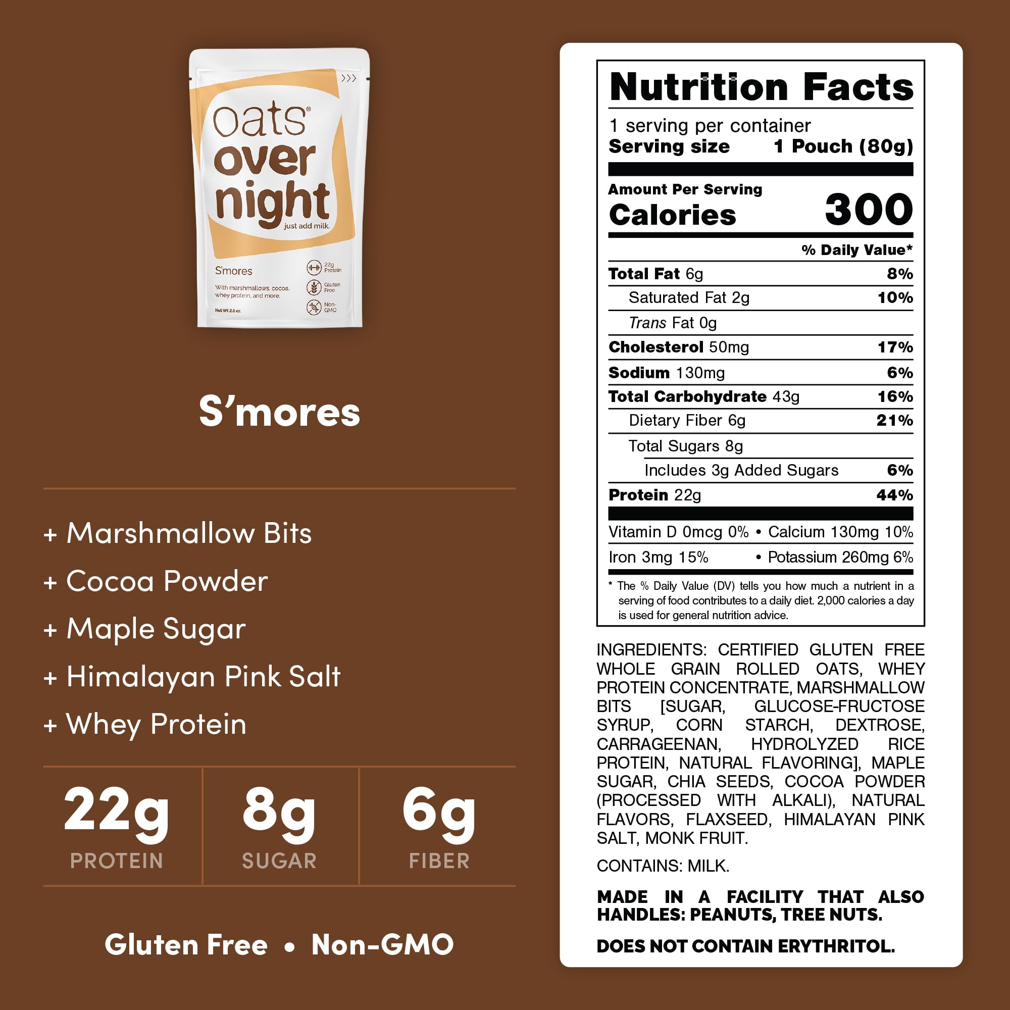 Oats Overnight Smores - High Protein Overnight Oats with 22g Protein & Fiber, Gluten Free & Non-GMO Breakfast Shake (2.8 oz per Meal, 24 Pack) | Perfect for Busy Mornings, Post-Workout Recovery & Healthy On-the-Go Snacking