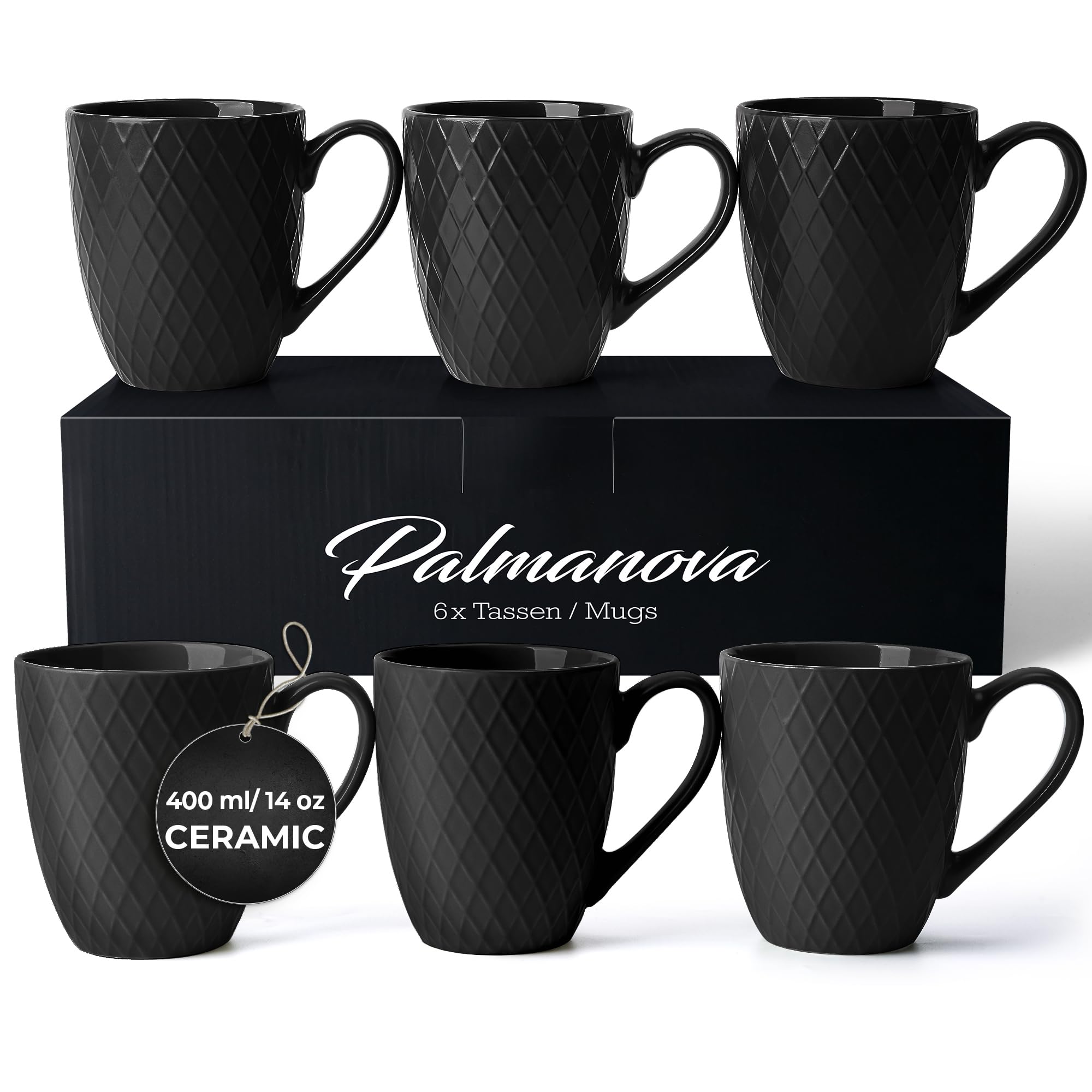 MIAMIO - 6-Pack 14 Oz Ceramic Coffee Mugs Set, Large Coffee Cups - Microwave & Dishwasher Safe - Palmanova Collection (Black) - Perfect for Home, Office & Gifts
