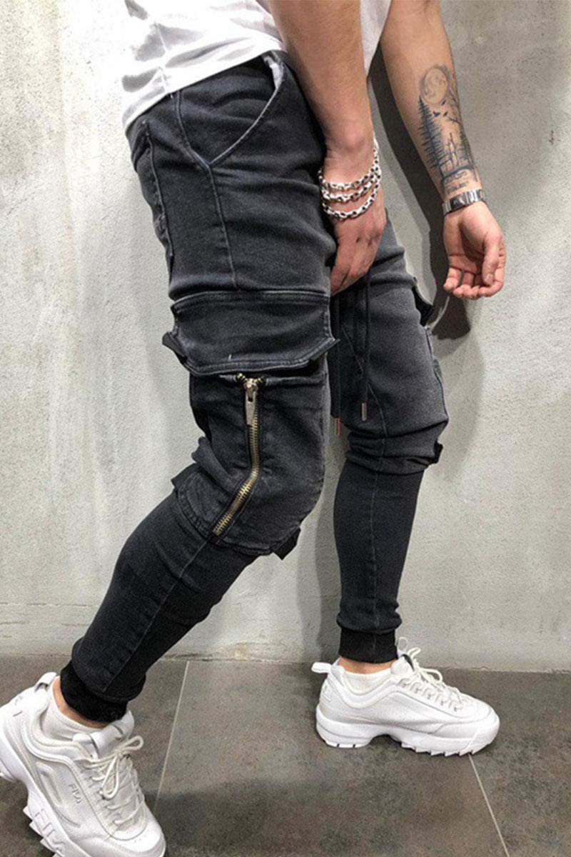 Men's Stretch Slim Fit Denim Jogger Pants with Elastic Cuffs & Cargo Pockets - Casual Hipster Tapered Leg Sweatpants for Gym, Running, Streetwear (Black, Small)