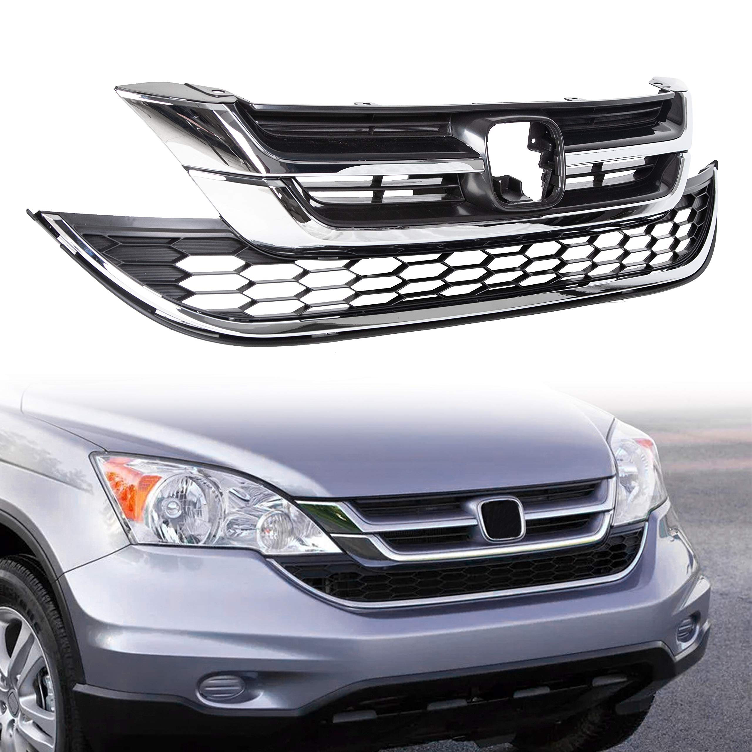 ECOTRIC Chrome Front Upper Bumper Hood Grill & Lower Mesh Grille Compatible with 2010-2011 Honda CR-V | Replacement Car Accessories for Enhanced Style & Protection | Perfect for Off-Road, Daily Driving & Car Customization