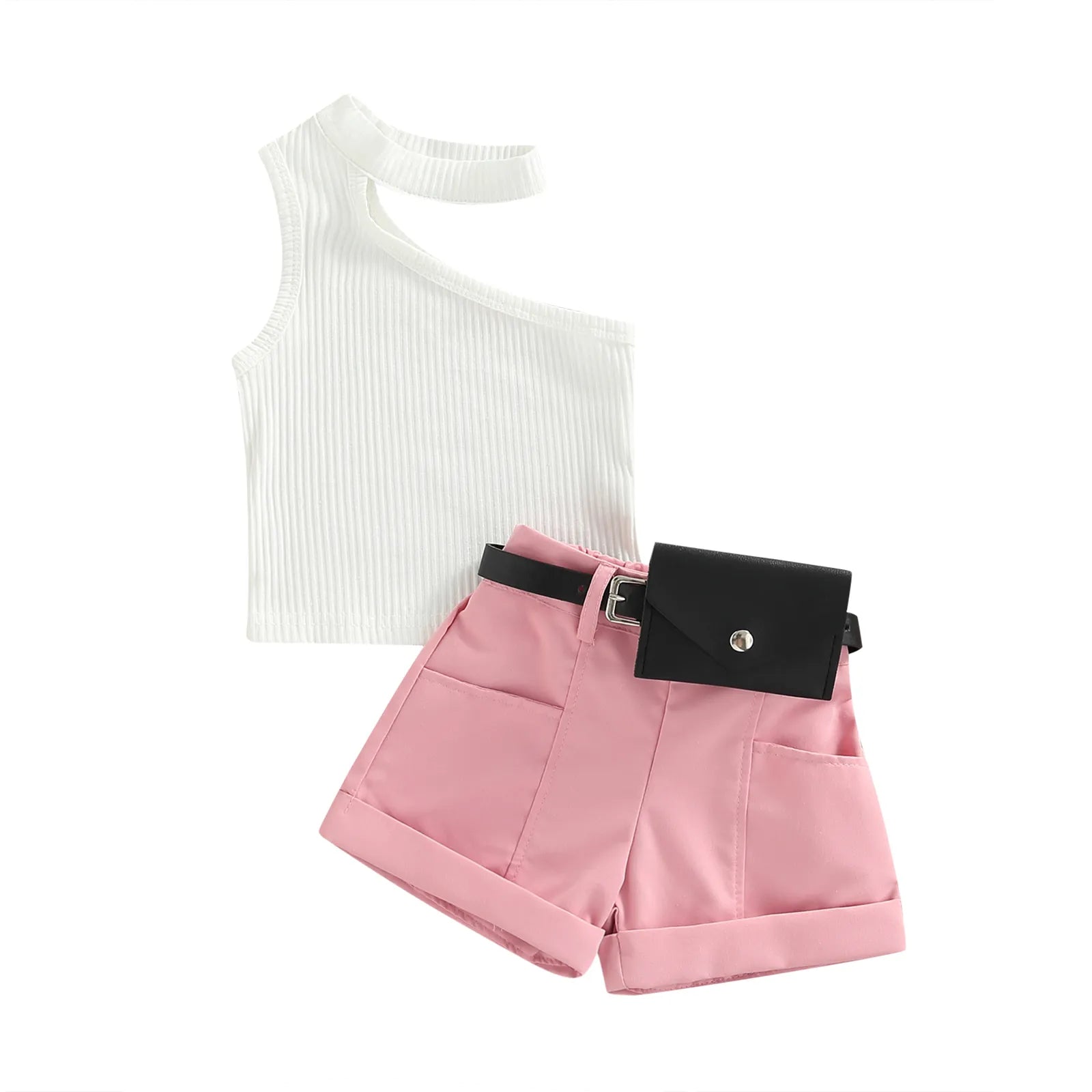 6m-4Y Baby Girl Clothes Set - Toddler Knit Sleeveless Top & Shorts Outfit with Waist Pack | Summer Casual Wear for Infants & Kids | Perfect for Playdates, Beach Trips & Outdoor Activities