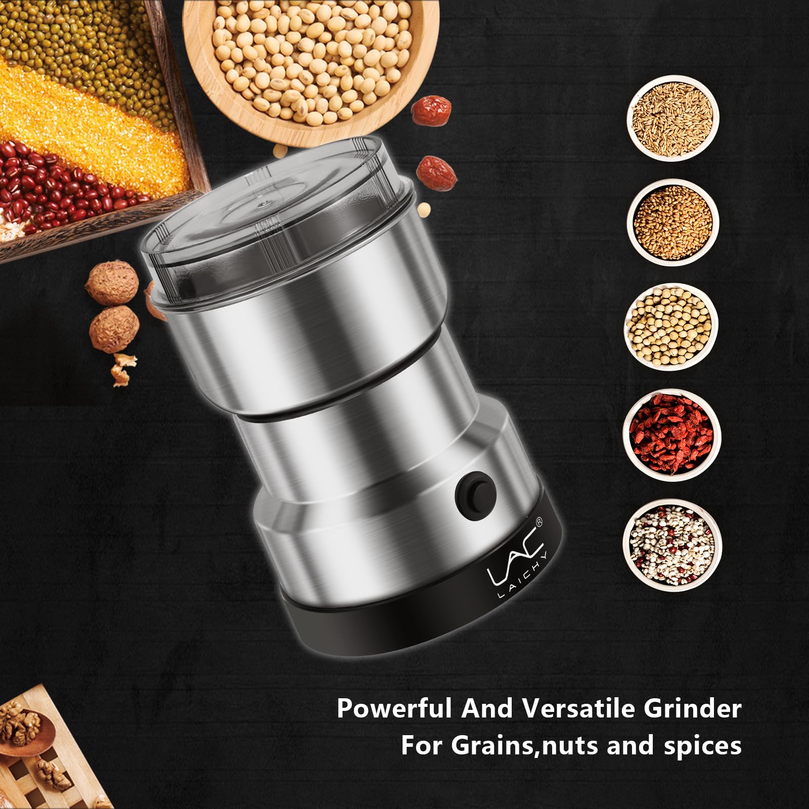 Electric Coffee Grinder & Spice Grinder - 150W Fast Grinding (10s) - Stainless Steel Blade for Coffee Beans, Nuts, Seeds, Rice & Seasonings - Perfect for Home Kitchen, Camping & Coffee Shops