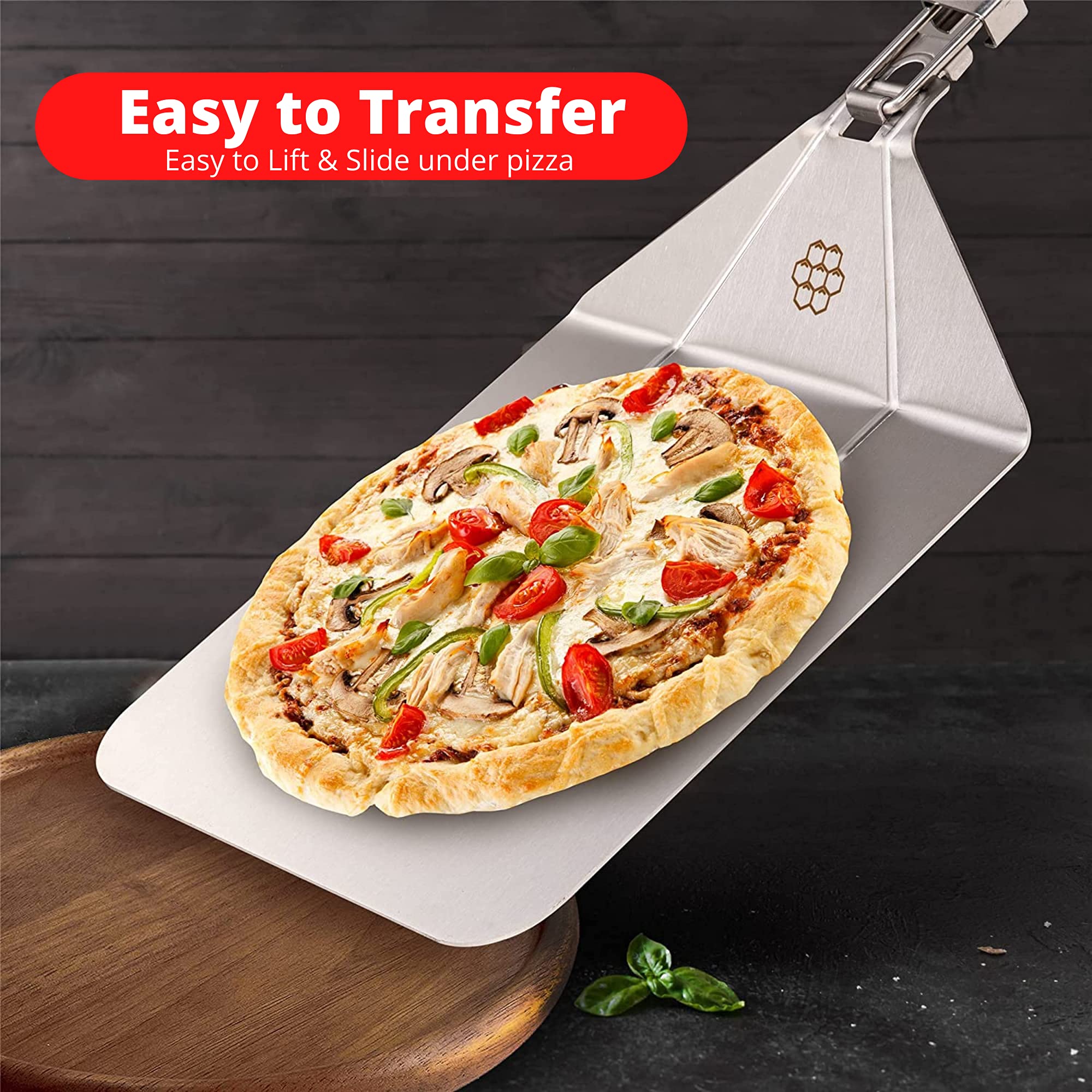 10 Inch Stainless Steel Pizza Peel - Professional Pizza Paddle with Ergonomic Handle & Reinforced Hinges for Wood Fired Oven, Outdoor Grill & Home Kitchen - Perfect for Baking, Serving & Transferring Pizzas