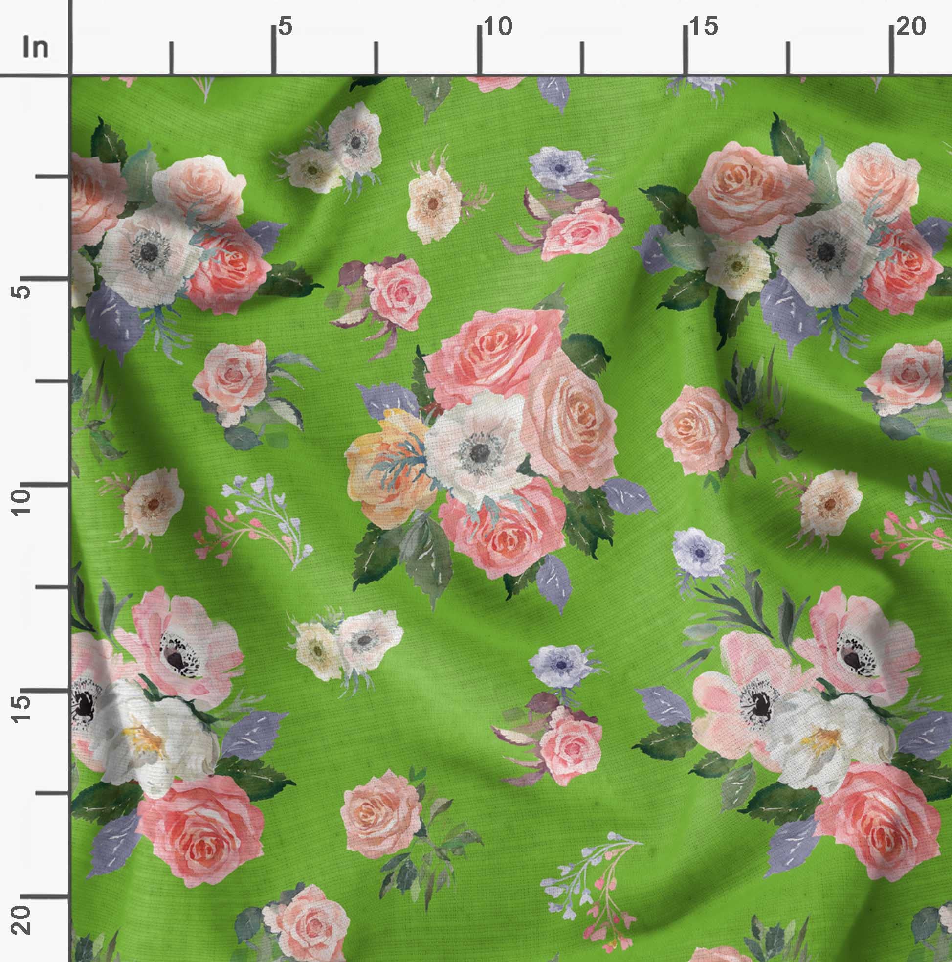 Soimoi Moss Georgette Green Floral Fabric by The Yard - 42 Inch Wide Printed Textile with Anemone & Roses Design for DIY Crafts, Dresses, Curtains & Home Decor