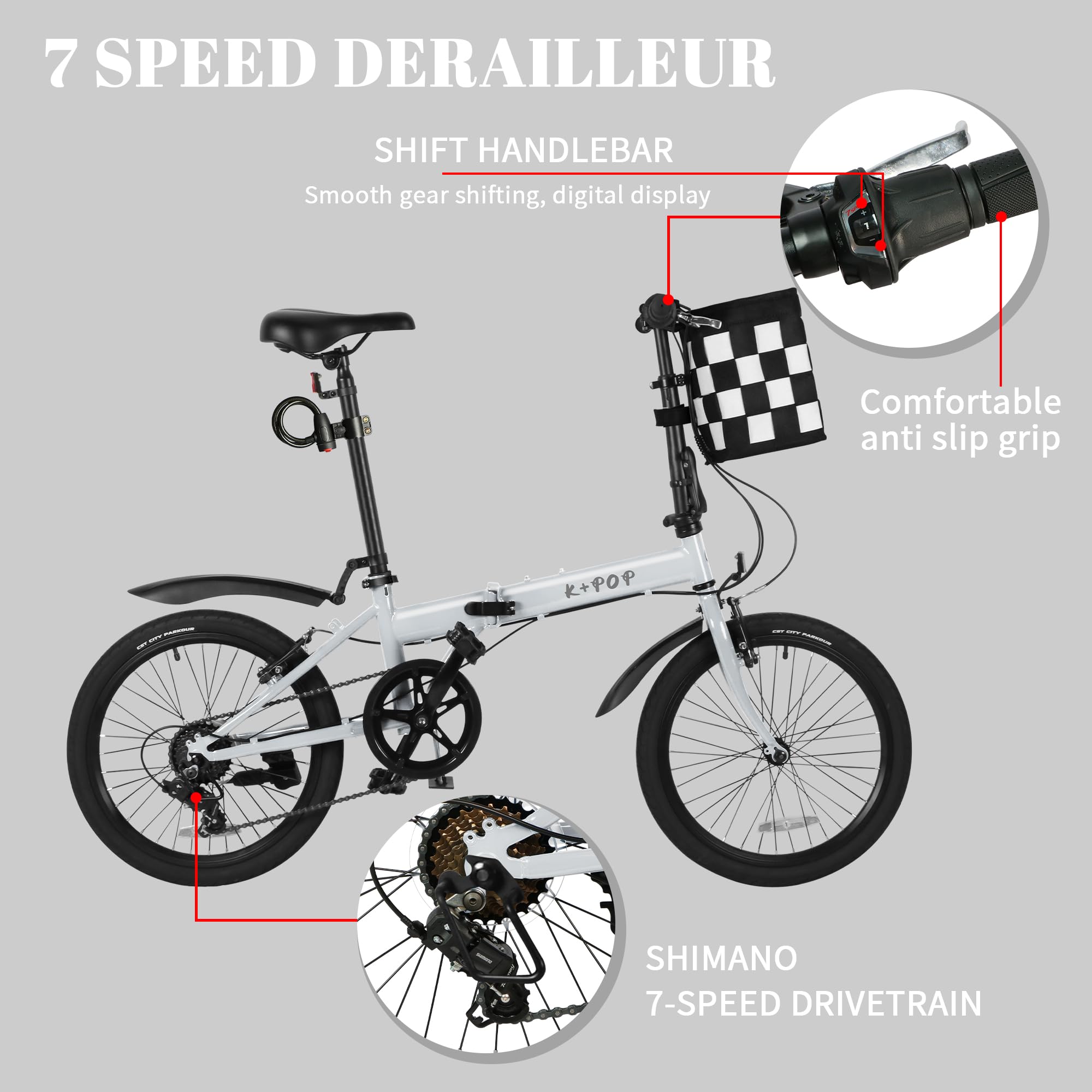 Foldable Bike for Adults - 20 Inch Commuter Bicycle with Detachable Basket, 7-Speed Gears, Lightweight & Portable Folding Bike for City Riding, Travel & Outdoor Adventures | Perfect for Urban Commuting, Weekend Getaways & Camping Trips