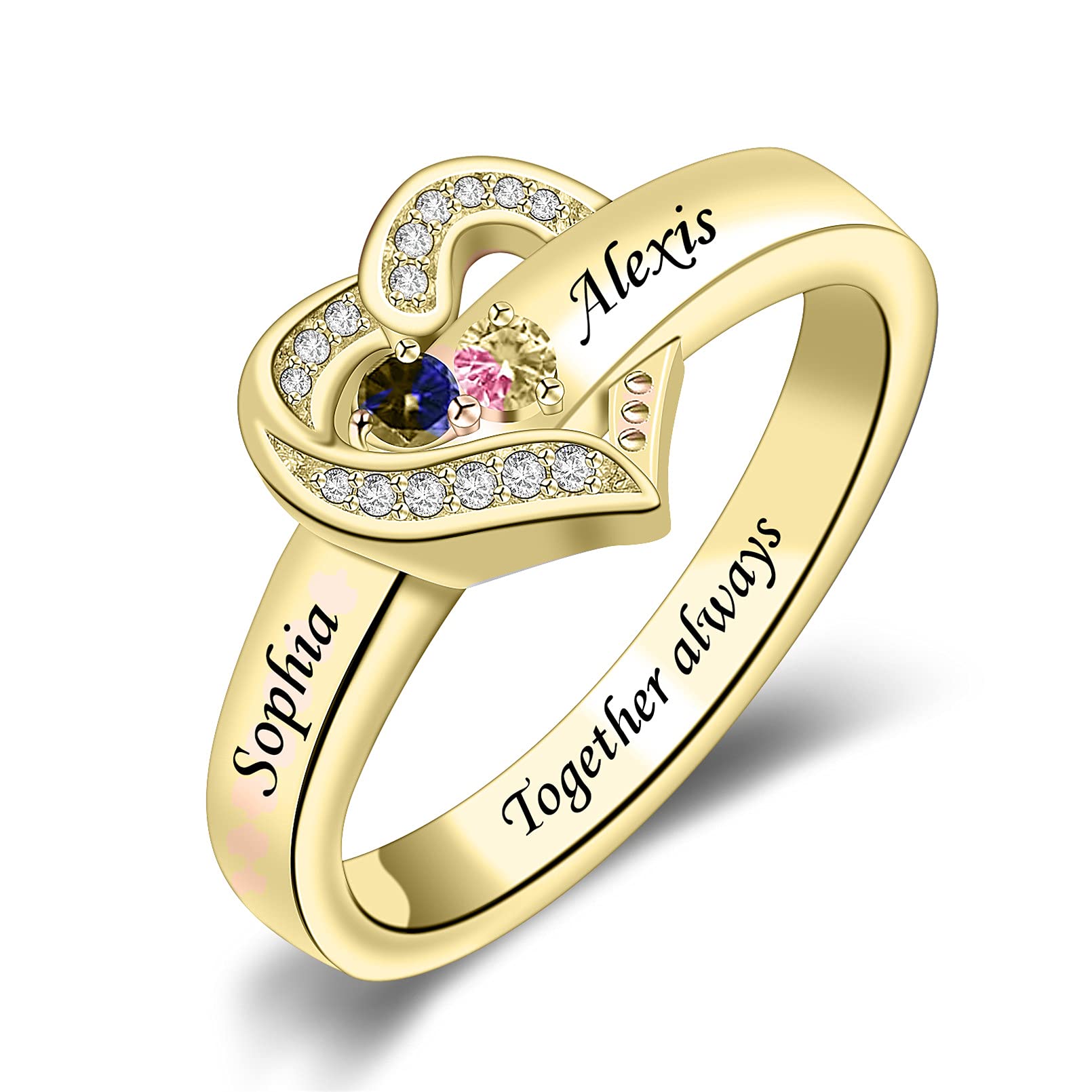 MissNaNa Personalized Mother's Rings with Simulated Birthstones - Custom Engraved 1-8 Family Names - Heart Shaped Mother's Day Jewelry Gifts for Women - Perfect for Anniversaries, Birthdays & Special Occasions