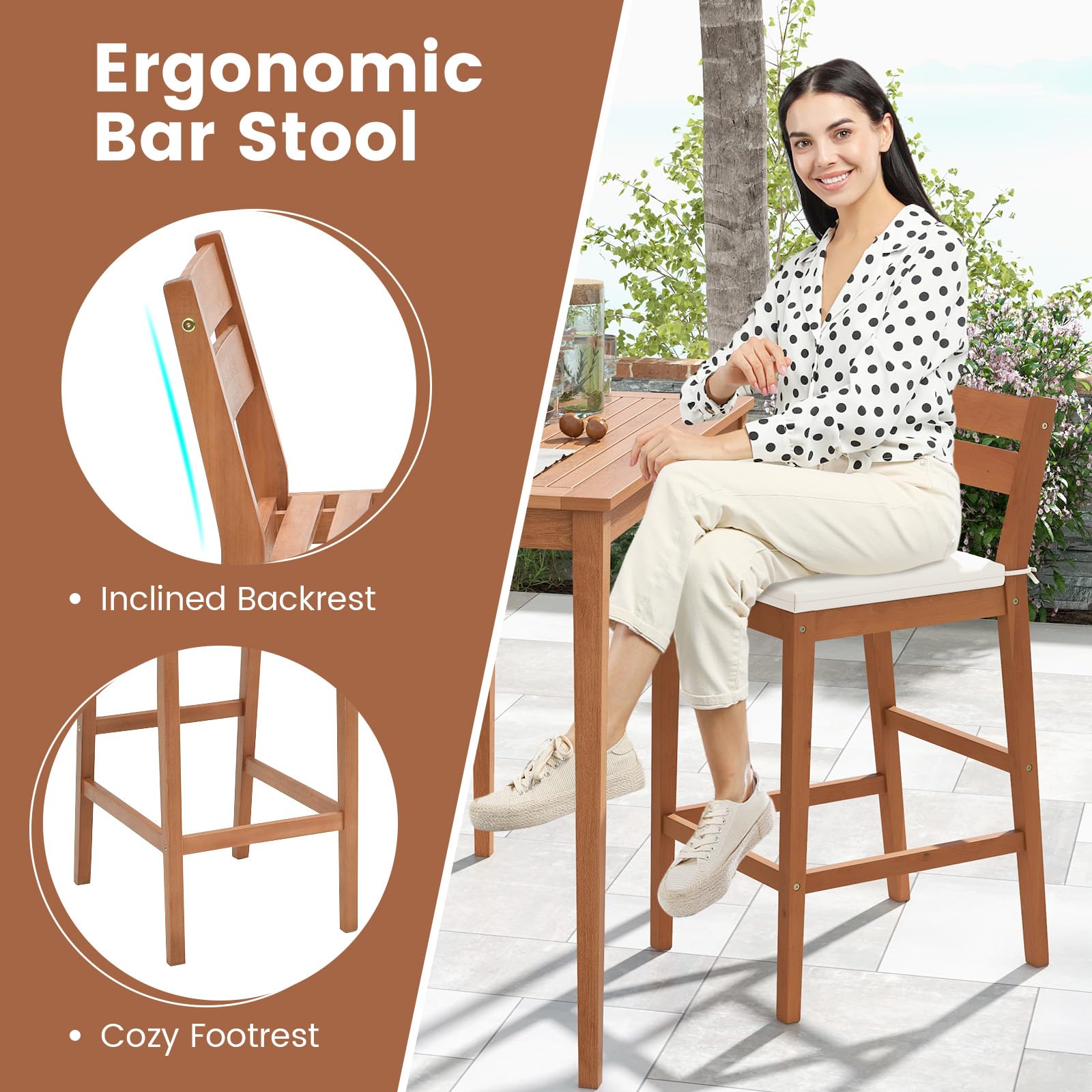 Tangkula 3-Piece Patio Bar Set - Eucalyptus Wood Outdoor Bar Table & Chairs with Cushions - Bistro Pub Dining Set for Garden, Yard, Poolside - Weather-Resistant & Durable - Perfect for Outdoor Entertaining & Relaxation