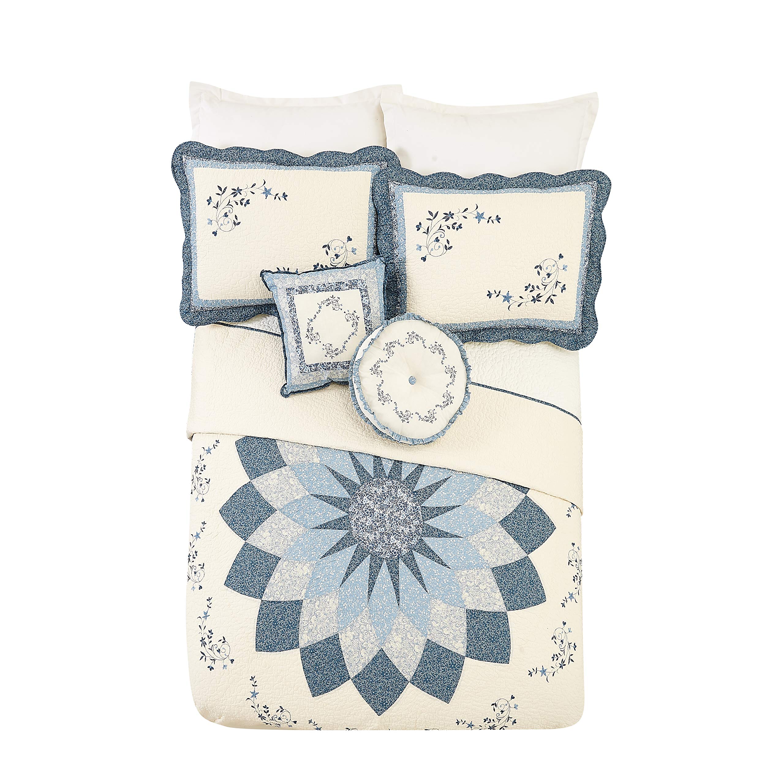 MH Embroidered Blue Floral Bedspread & 14'' Round Pillow Set - Perfect for Cozy Bedrooms & Boho Home Decor