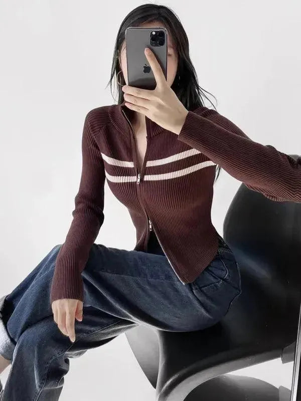 Stylish Striped Cardigan Sweater with Zipper - Cozy Knit Pullover for Women - Perfect for Casual Outfits, Layering & Fall Fashion