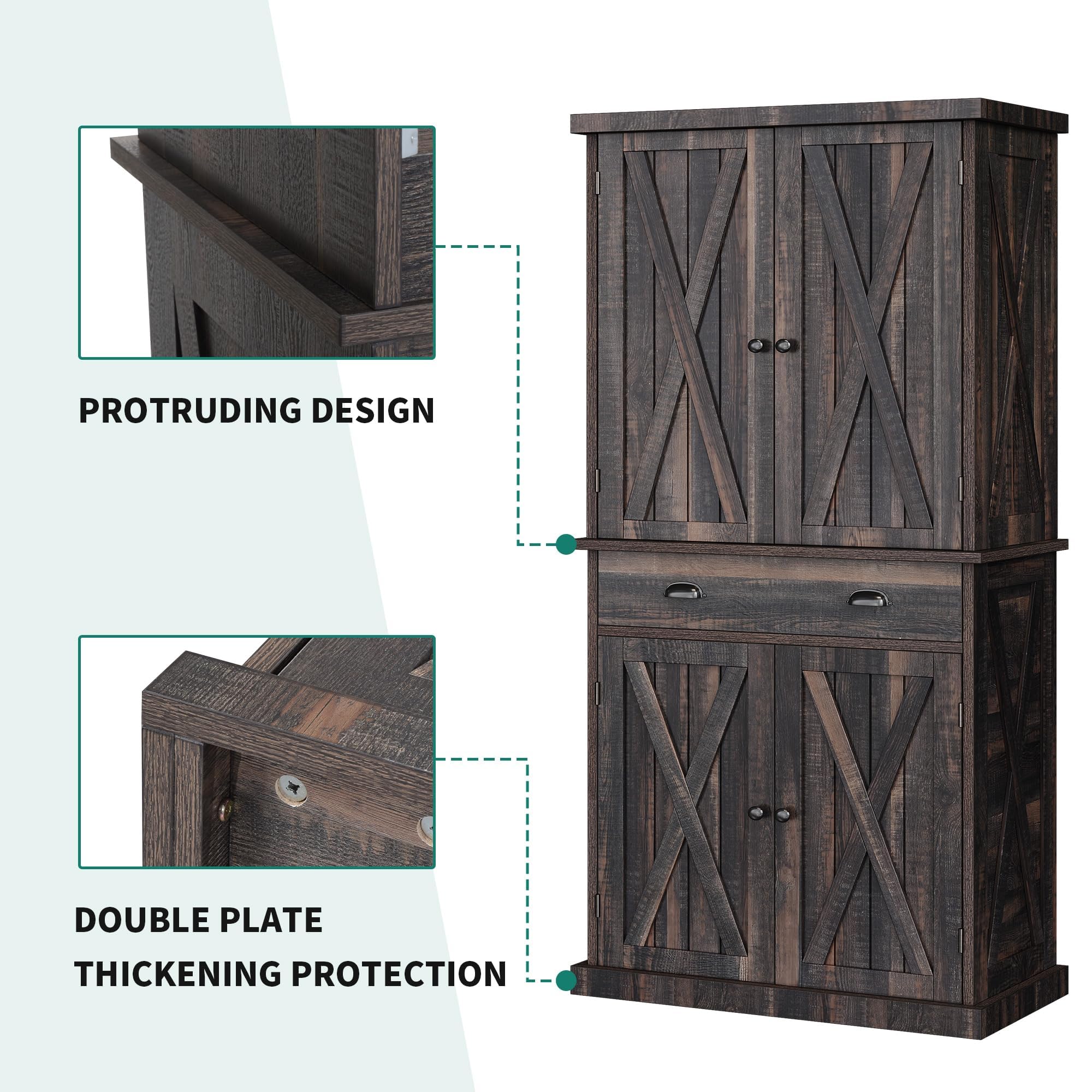 YITAHOME 72'' Farmhouse Kitchen Pantry with Drawer & Adjustable Shelves, Dark Rustic Oak Wood Storage Cabinet for Kitchen, Dining Room, Living Room, Perfect for Organizing Dishes, Food, and Home Decor