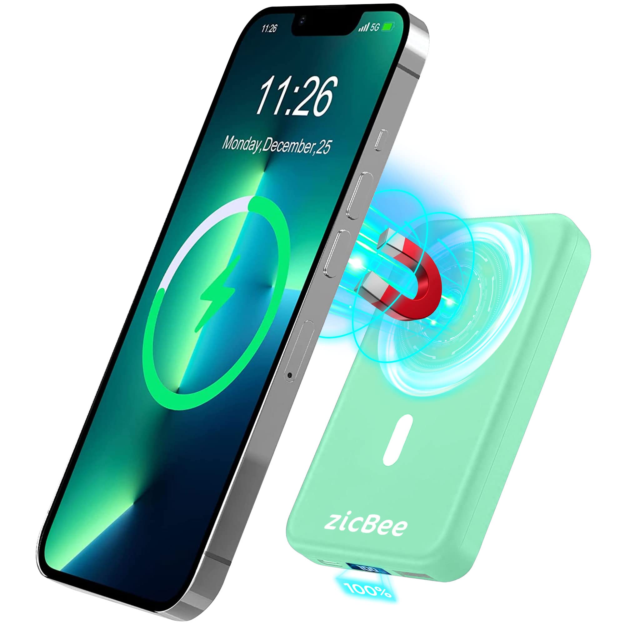 ZicBee 10000mAh MagSafe Power Bank - Magnetic Wireless Charger for iPhone 14/13/12 Mini/Pro/Max/Plus, Fast 22.5W PD USB-C Charging for iPhone, iPad, AirPods (Green & Mint) | Portable Battery Pack for Travel, Work & Outdoor Adventures