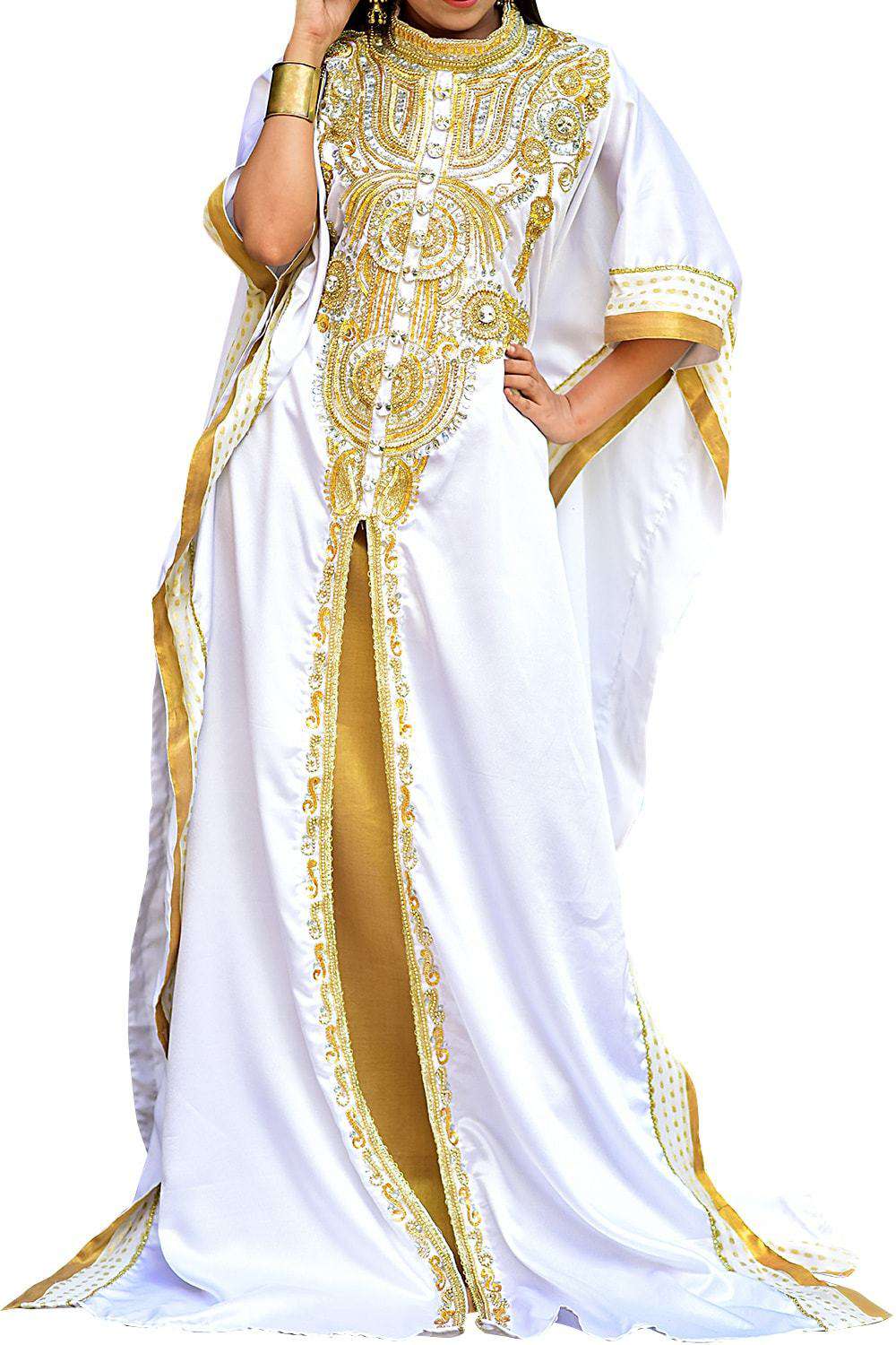 Elegant White & Gold Kaftan Dress for Women - One Size Flowy Beach Cover Up, Summer Vacation, Boho Chic Outfit