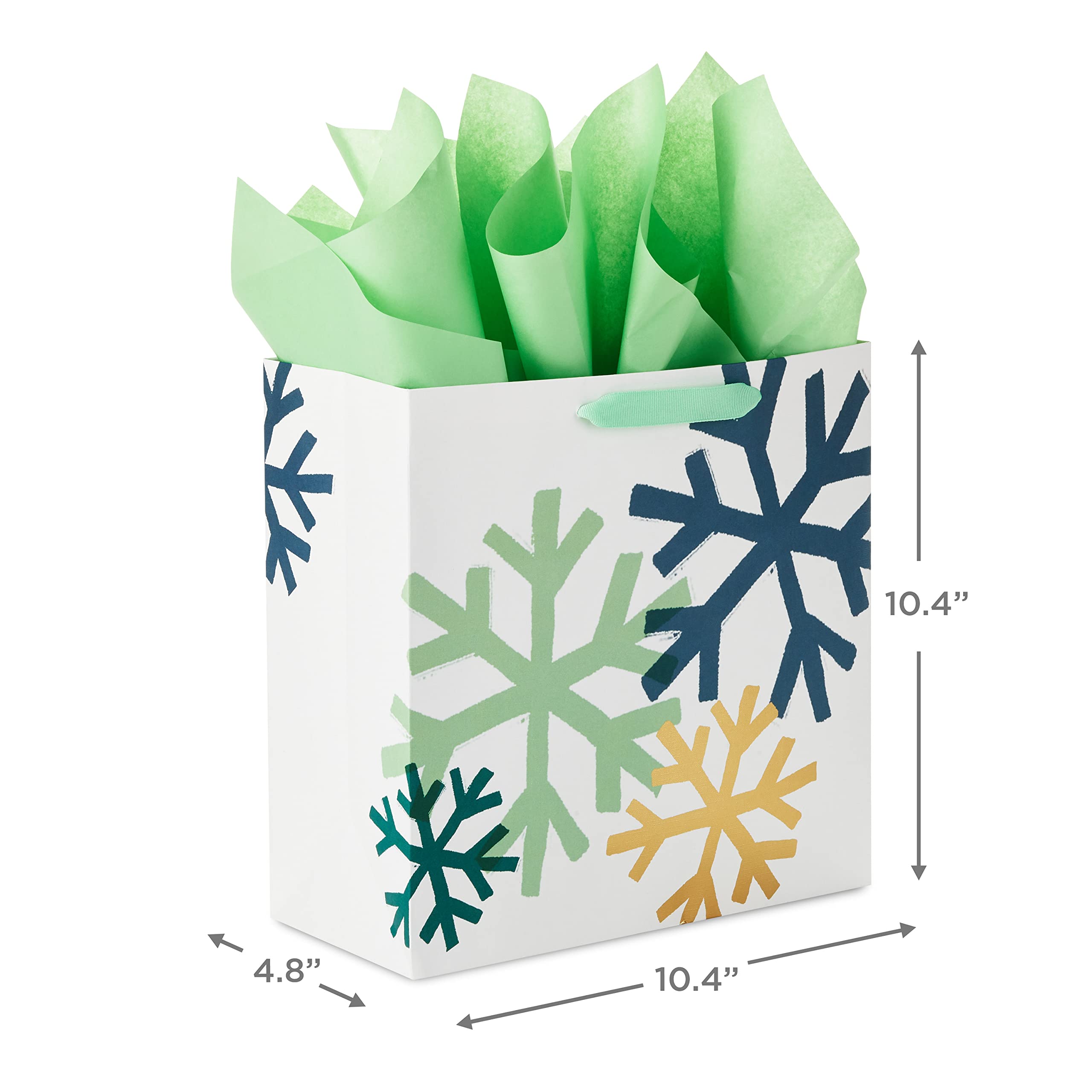 Hallmark Signature 10 Inch Square Holiday Gift Bags with Tissue Paper - Navy Blue, Mint Green & Gold Snowflakes Design for Christmas, Hanukkah, Winter Weddings, Graduation & Birthday Presents - Perfect for Party Favors, Corporate Gifts & Special Occasions