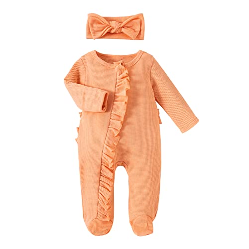 3-Piece Baby Boys & Girls Romper Outfits Set - Soft Ribbed Footed Pajamas with Headband - Newborn & Preemie Clothes (0-24 Months) - Perfect for Sleepwear, Playtime & Photo Shoots