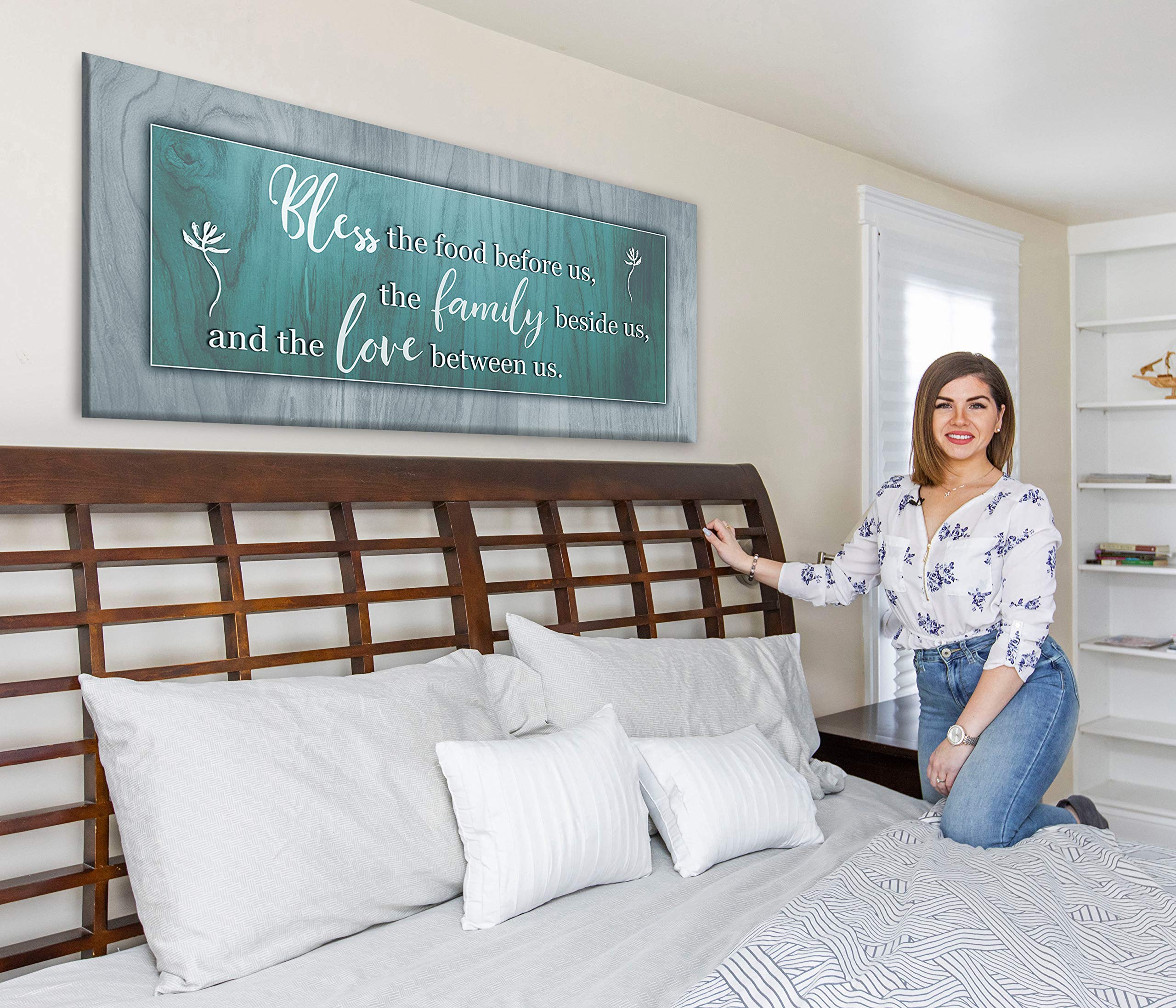 Bless the Food Before Us - Framed Wall Art for Kitchen & Dining Room Decor - Teal 60x27 Inch - Perfect for Farmhouse, Rustic & Modern Home Décor