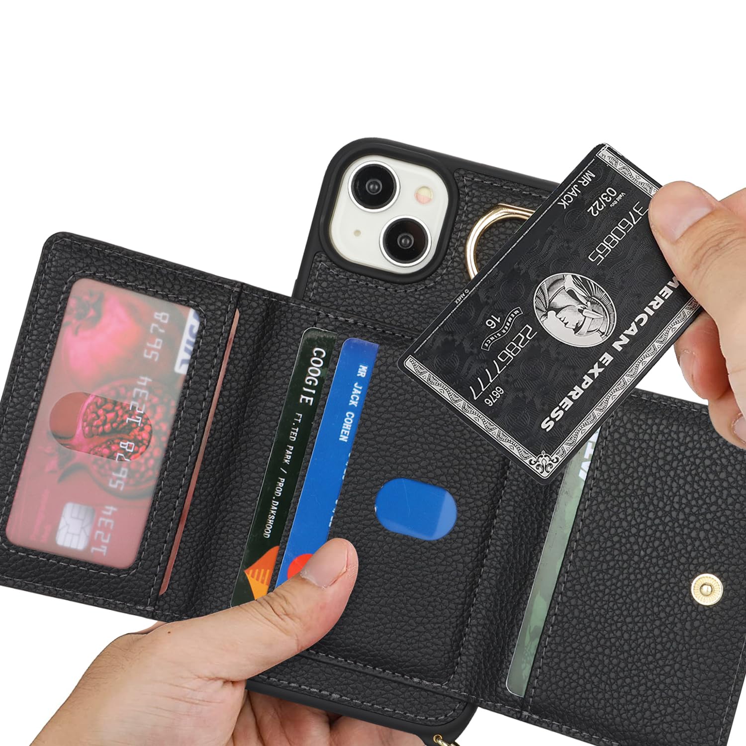 Premium Leather Wallet Case for iPhone 15 Plus with Card Holder & Crossbody Strap - Built-in Stand & Zipper Pocket - Fashionable Protective Phone Cover for Women (Black) | Perfect for Travel, Shopping & Everyday Use