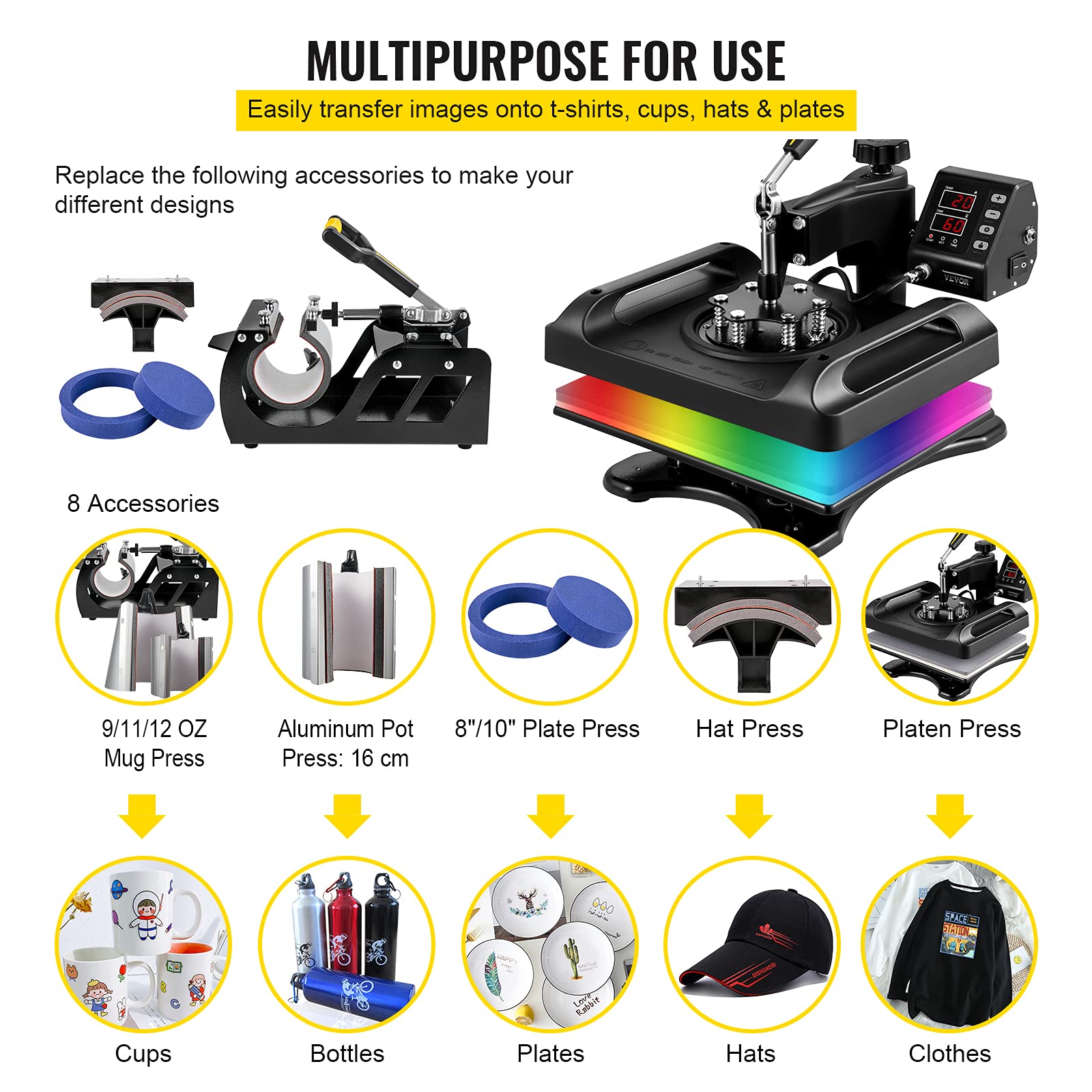 VEVOR 8-in-1 Digital Heat Press Machine 12x15 Inch with 360° Swing Away - Professional T-Shirt, Hat, Mug & Plate Sublimation Transfer Press for DIY Crafts & Small Business (Black) | Perfect for Custom Apparel, Promotional Items & Personalized Gifts