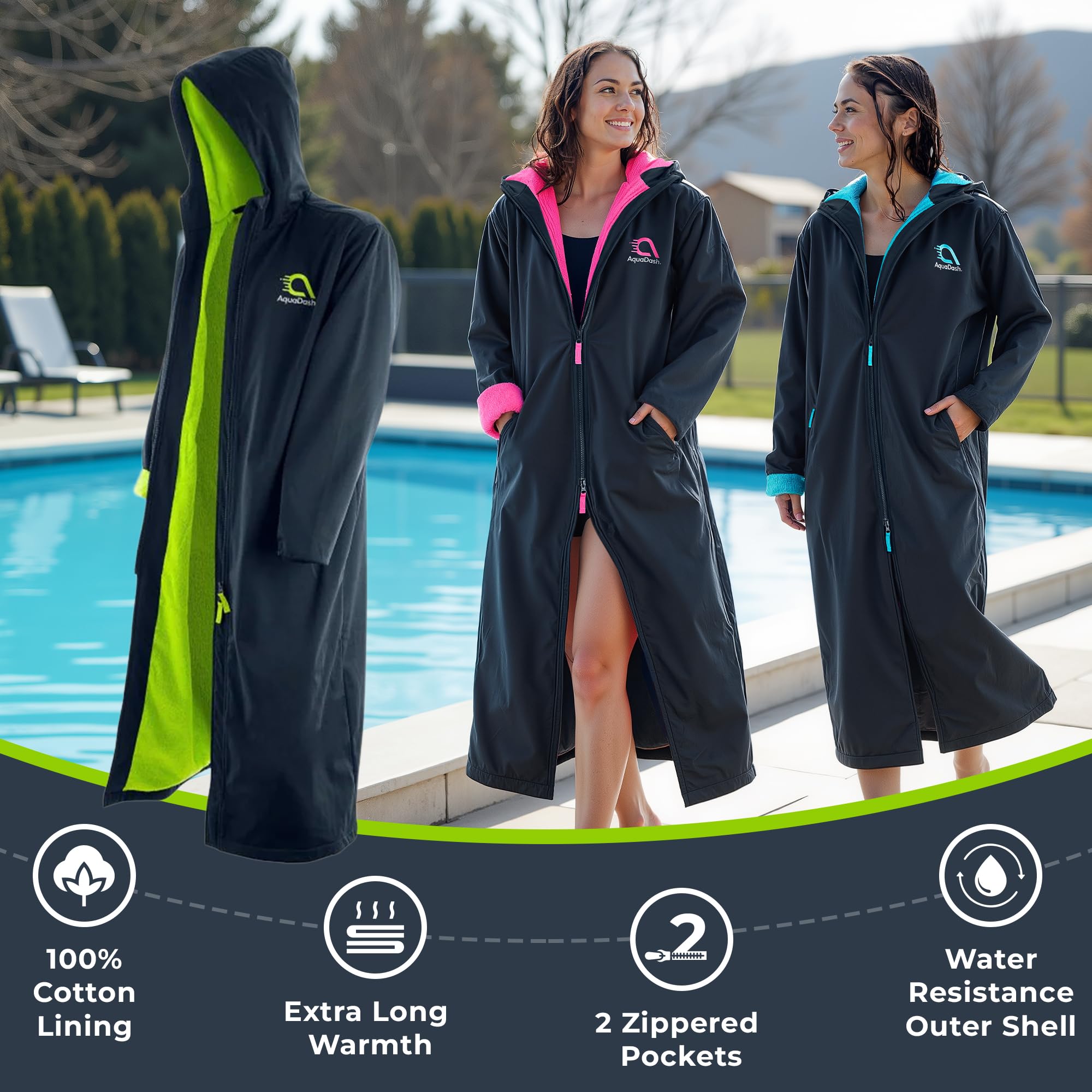 AquaDash Kids Extra Long Swim Parka - Natural Cotton Waterproof Hooded Towel Robe for Boys & Girls - Perfect for Swimming Lessons, Beach, Pool & After-Sport Warmth