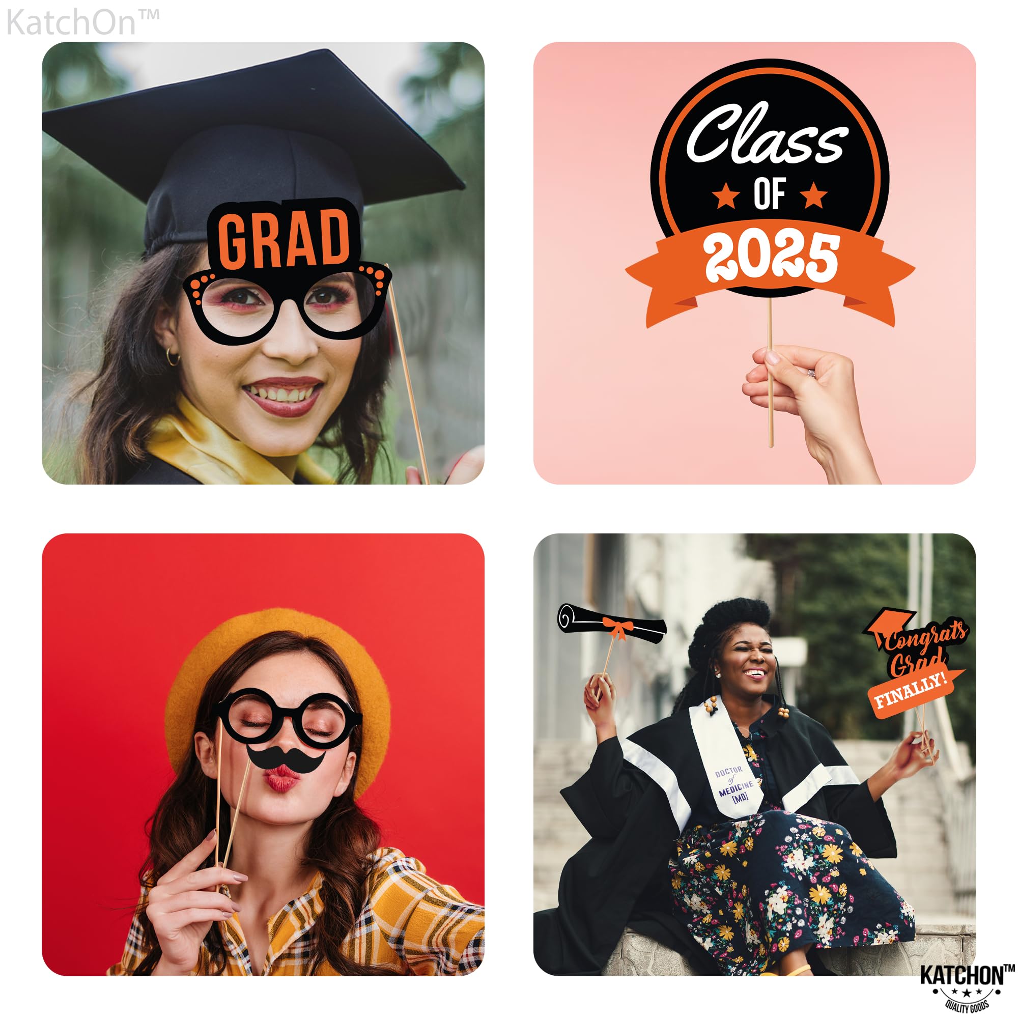 **KatchOn 2025 Graduation Photo Booth Props - Pack of 21 | Orange & Black Graduation Decorations for Class of 2025 | Perfect for Graduation Parties, Photo Booths & School Events**