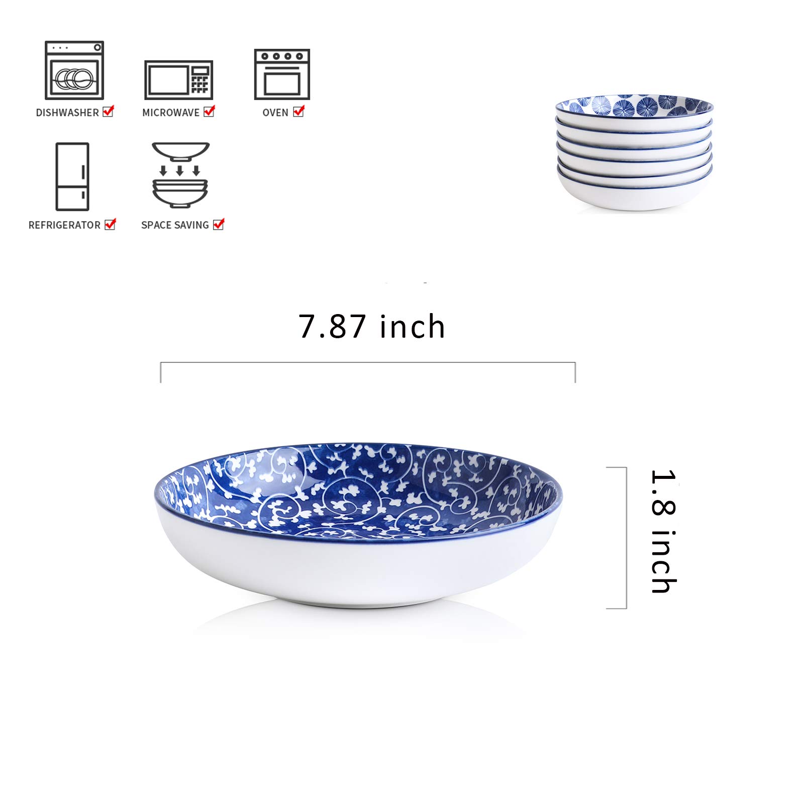 Selamica 26oz Porcelain Salad Pasta Bowls Set of 6 - Microwave & Dishwasher Safe, Stackable Serving Bowls in Vintage Blue - Perfect for Family Dinners, Parties & Restaurant Use