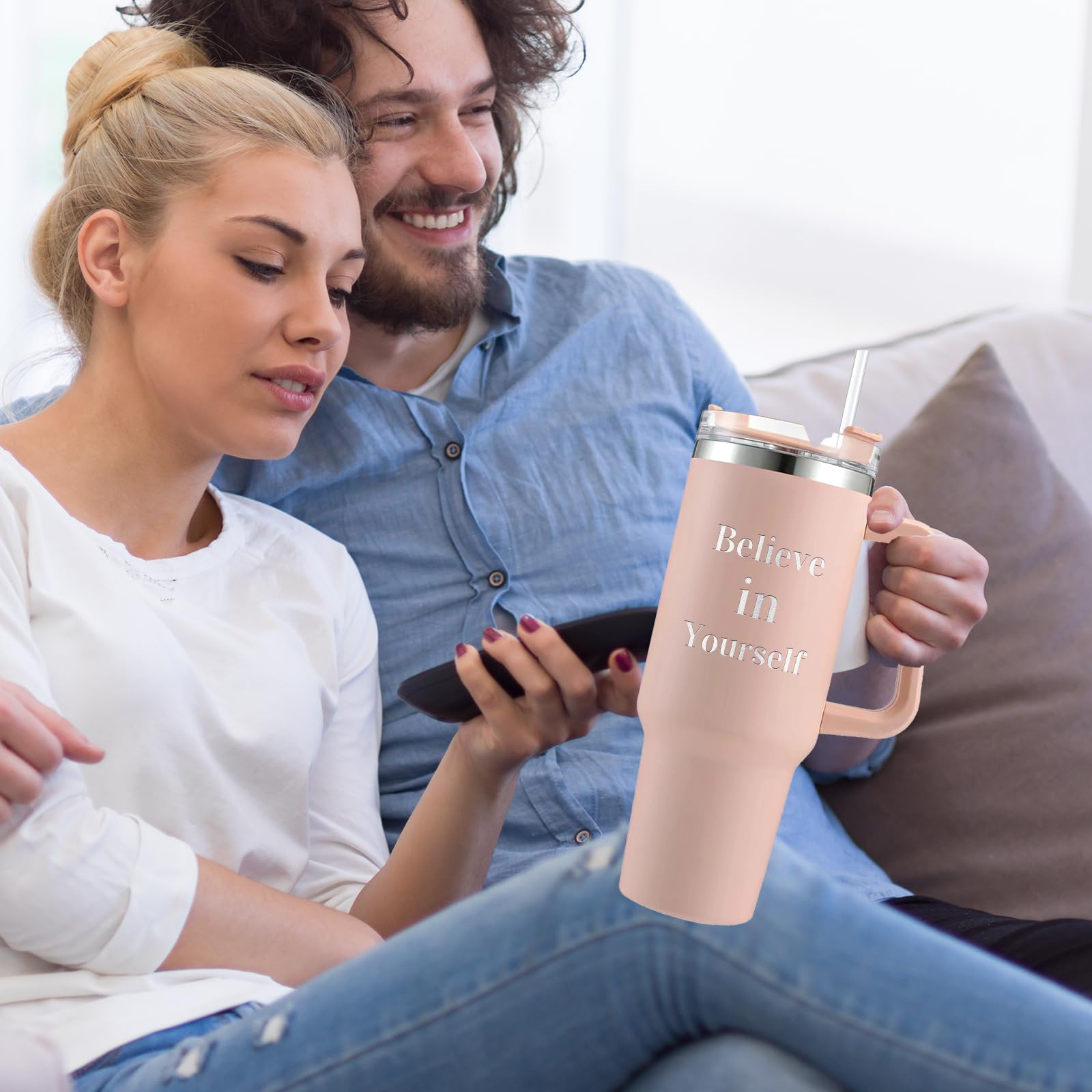 Custom 40oz Personalized Stainless Steel Tumbler with Lid, Straw & Handle - Engraved Name/Logo - Insulated Travel Mug for Hot & Cold Drinks - Perfect Gift for Men & Women - Ideal for Office, Gym, Hiking & Outdoor Activities