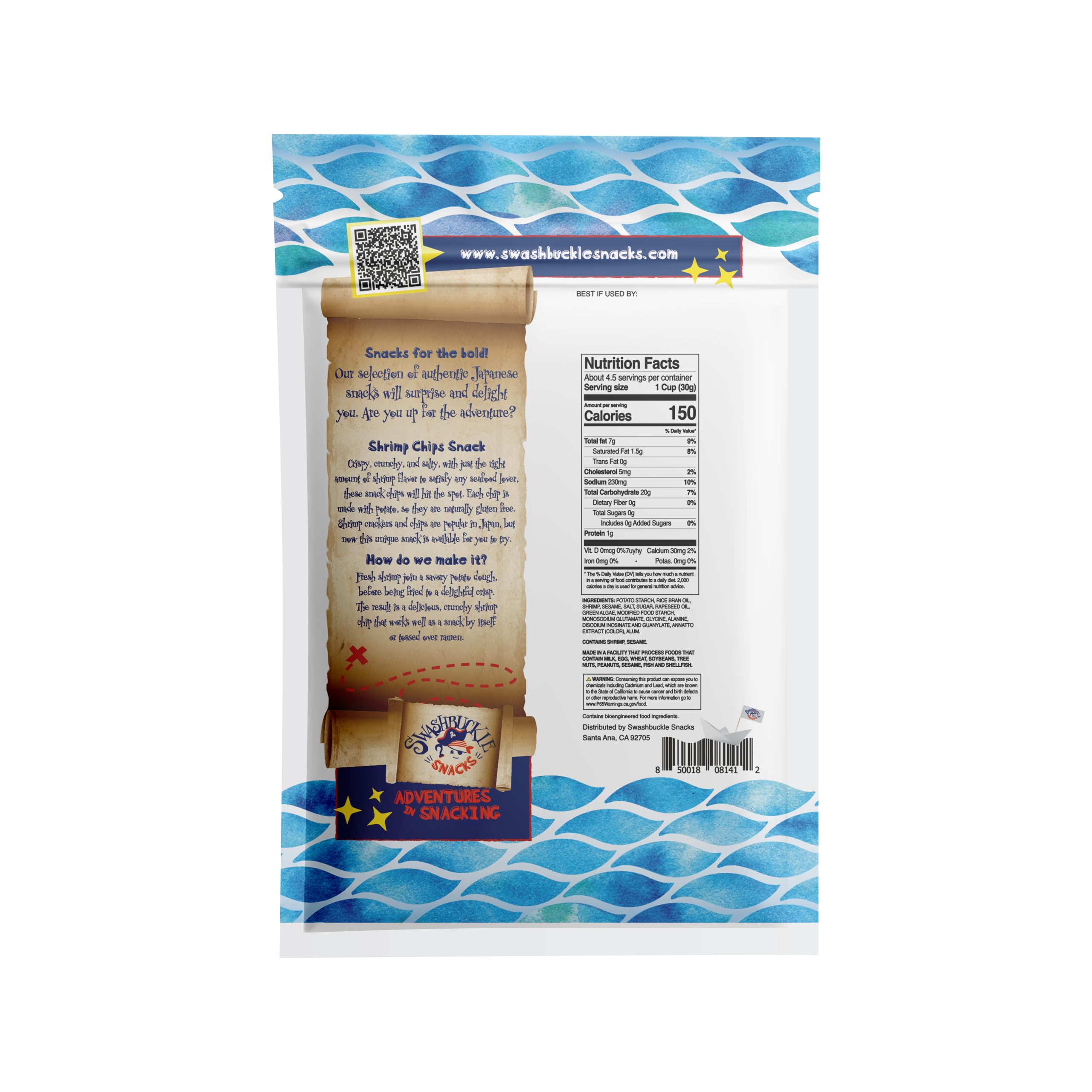 Swashbuckle Snacks Shrimp Chips 4.59oz (130g) - Crunchy Japanese Seafood Snack, Otsumami, Made in Japan | Perfect for Parties, Movie Nights & Asian Food Pairing