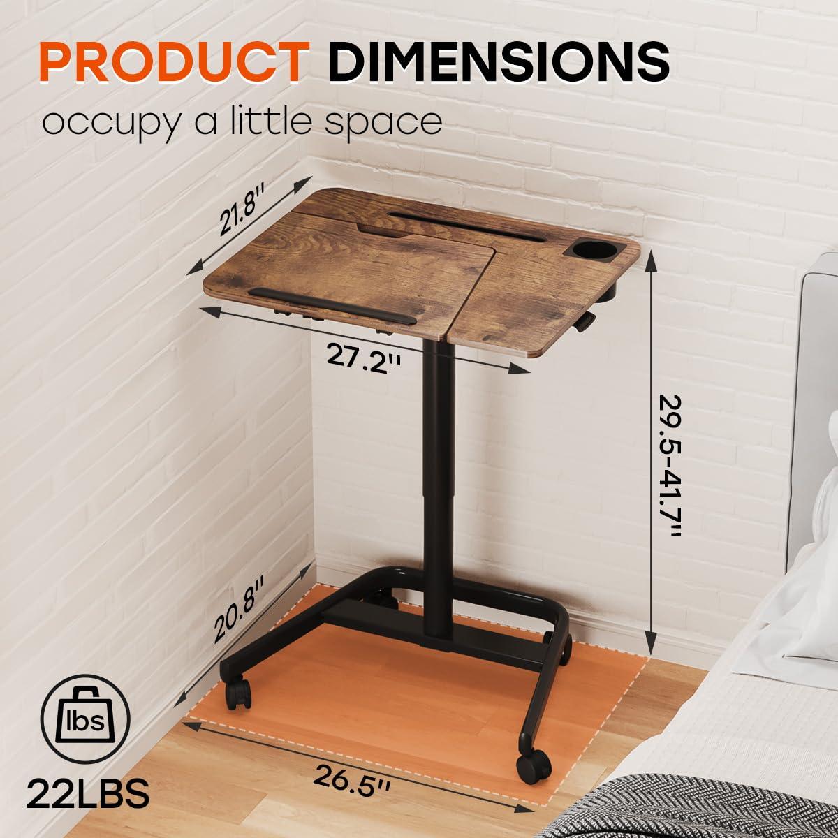 JOYworker Adjustable Mobile Standing Desk - Portable Sit Stand Workstation with Wheels, 60° Tilt & Cup Holder - Height Adjustable Laptop Table for Home Office, Bed, Couch & Hospital Use (22lbs Capacity, Rustic Finish) - Perfect for Remote Work, Nursing & Small Space Living