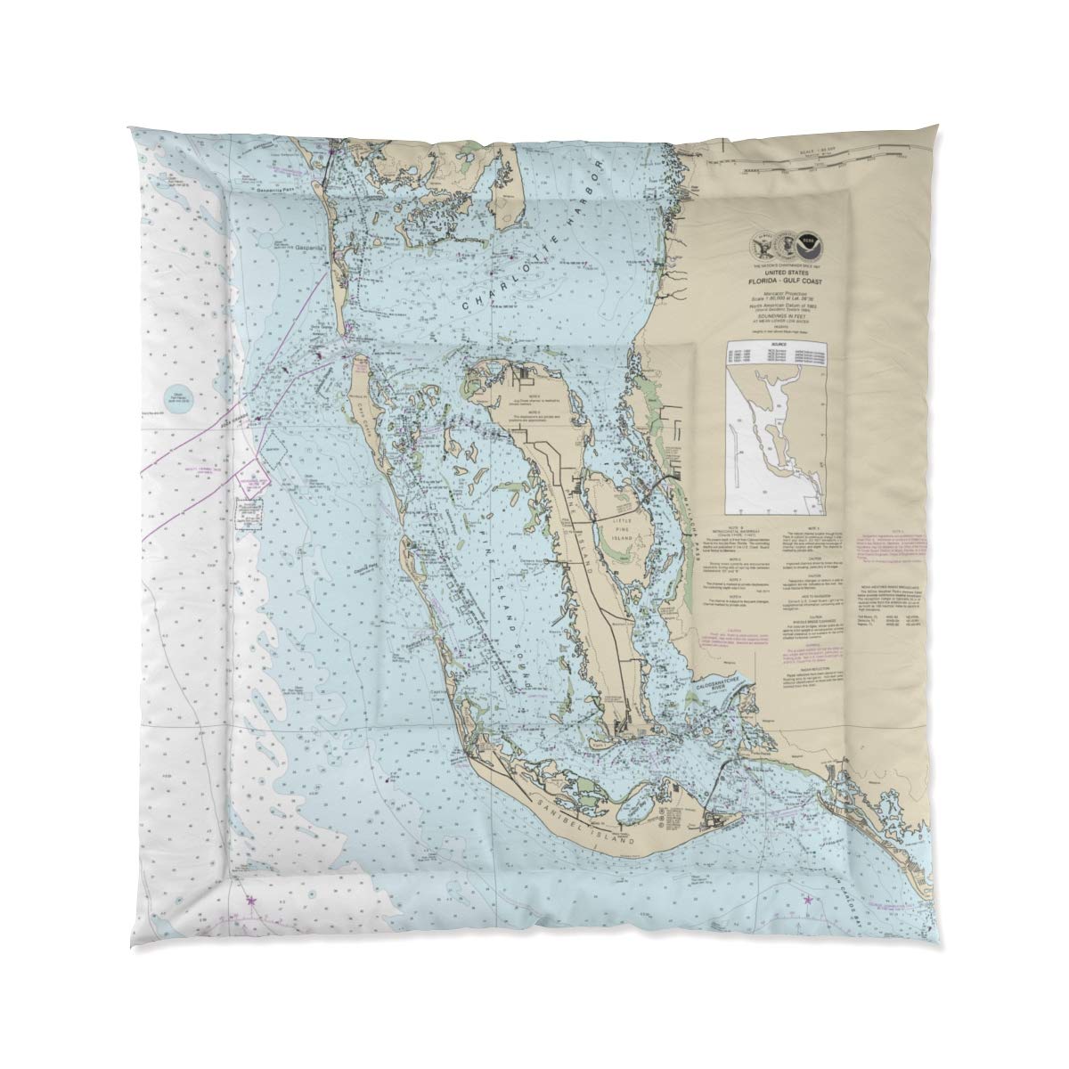 Sanibel Island Captiva Island Pine Island Nautical Chart Twin Size Comforter 68x88 Inches - Coastal Themed Bedding for Beach House, Boat Cabin & Nautical Decor