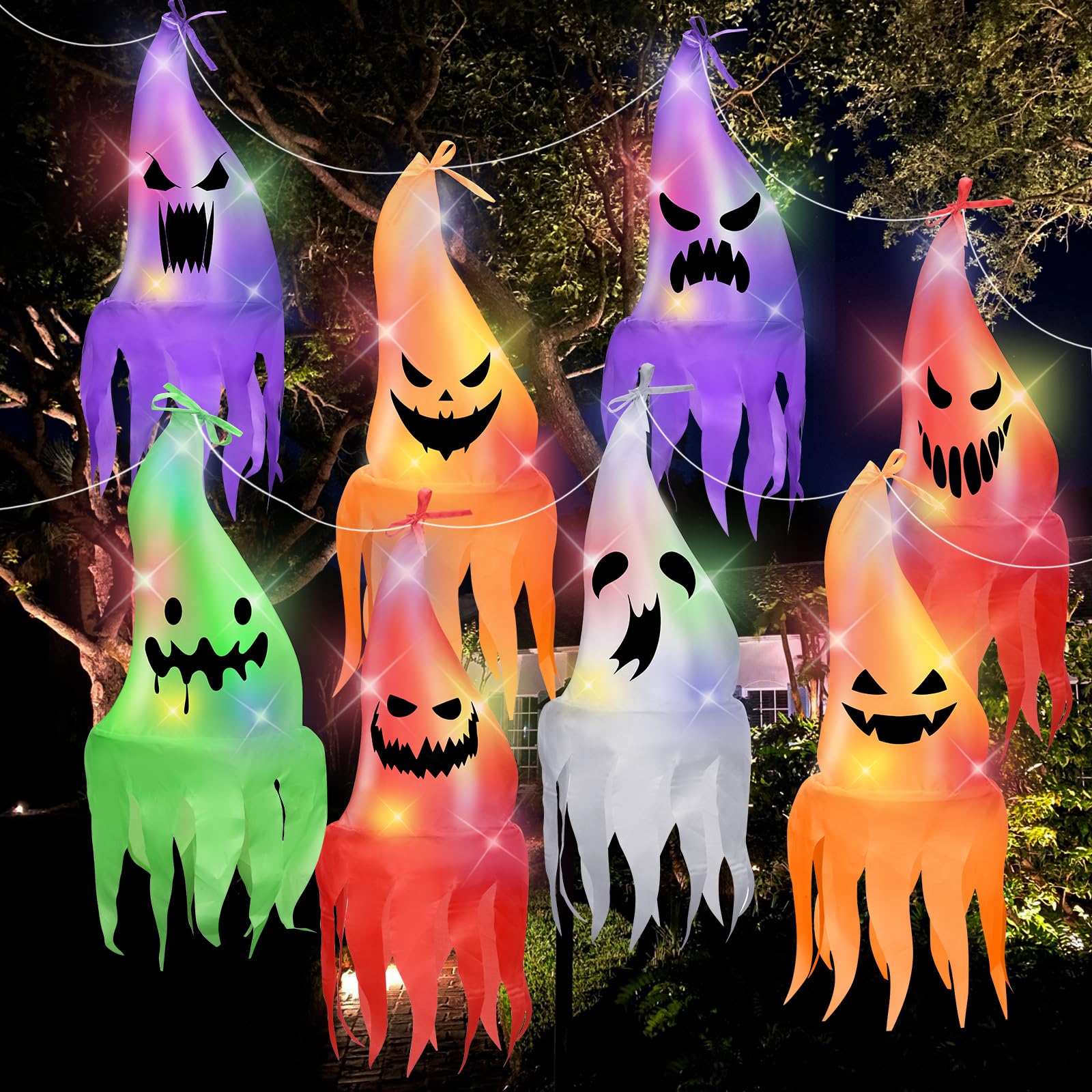 8 Pack Halloween Decorations Outdoor Hanging Ghosts with LED Lights - 8 Colorful Lighting Modes, Waterproof Battery Operated String Lights for Indoor/Outdoor Use - Perfect for Home Porch, Yard, Garden & Halloween Party Decorations