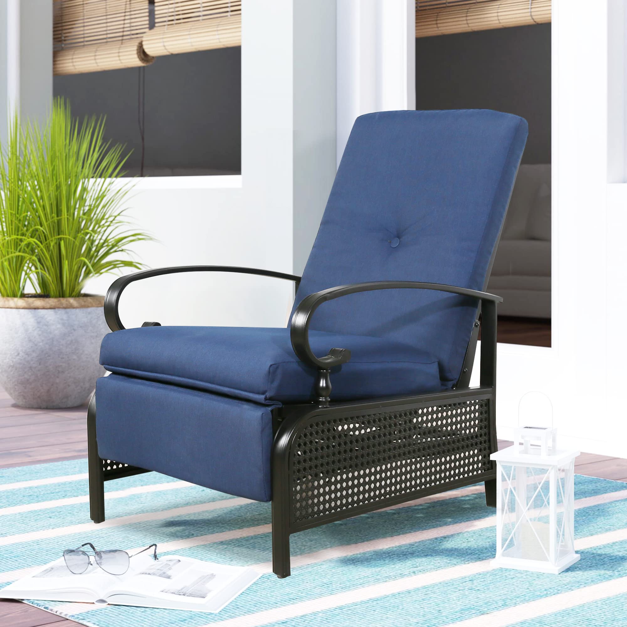 Ulax Outdoor Recliner Chair - Adjustable Metal Patio Lounge Chair with Removable 100% Olefin Cushion (Navy) - Perfect for Poolside, Backyard Relaxation & Sunbathing