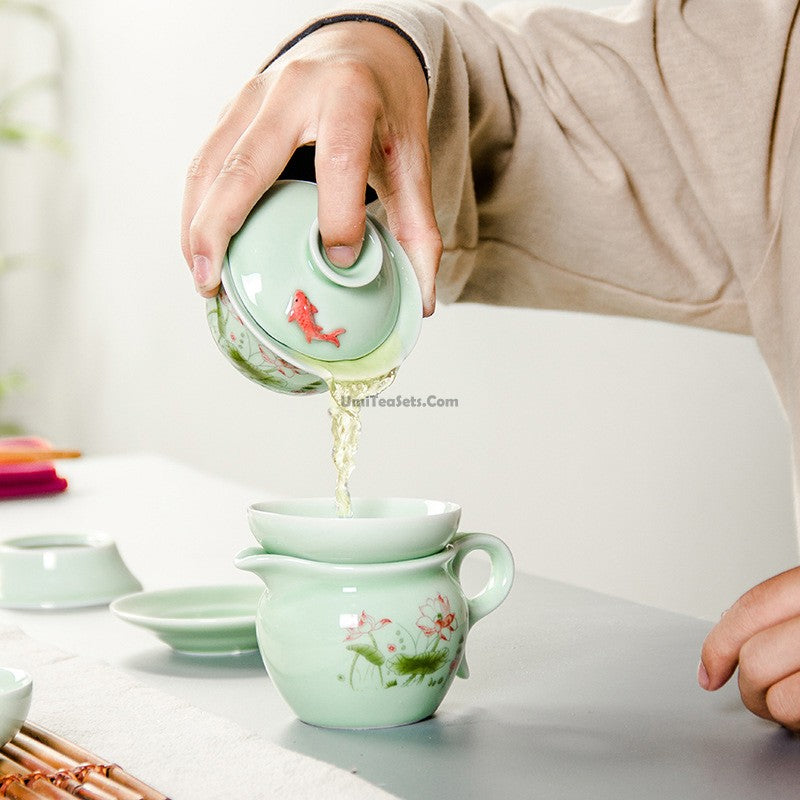 Premium Chinese Jade Porcelain Lotus Gaiwan Tea Set - Traditional Yixing Clay Teapot with Cups for Gongfu Tea Ceremony | Perfect for Home, Office & Zen Meditation Spaces