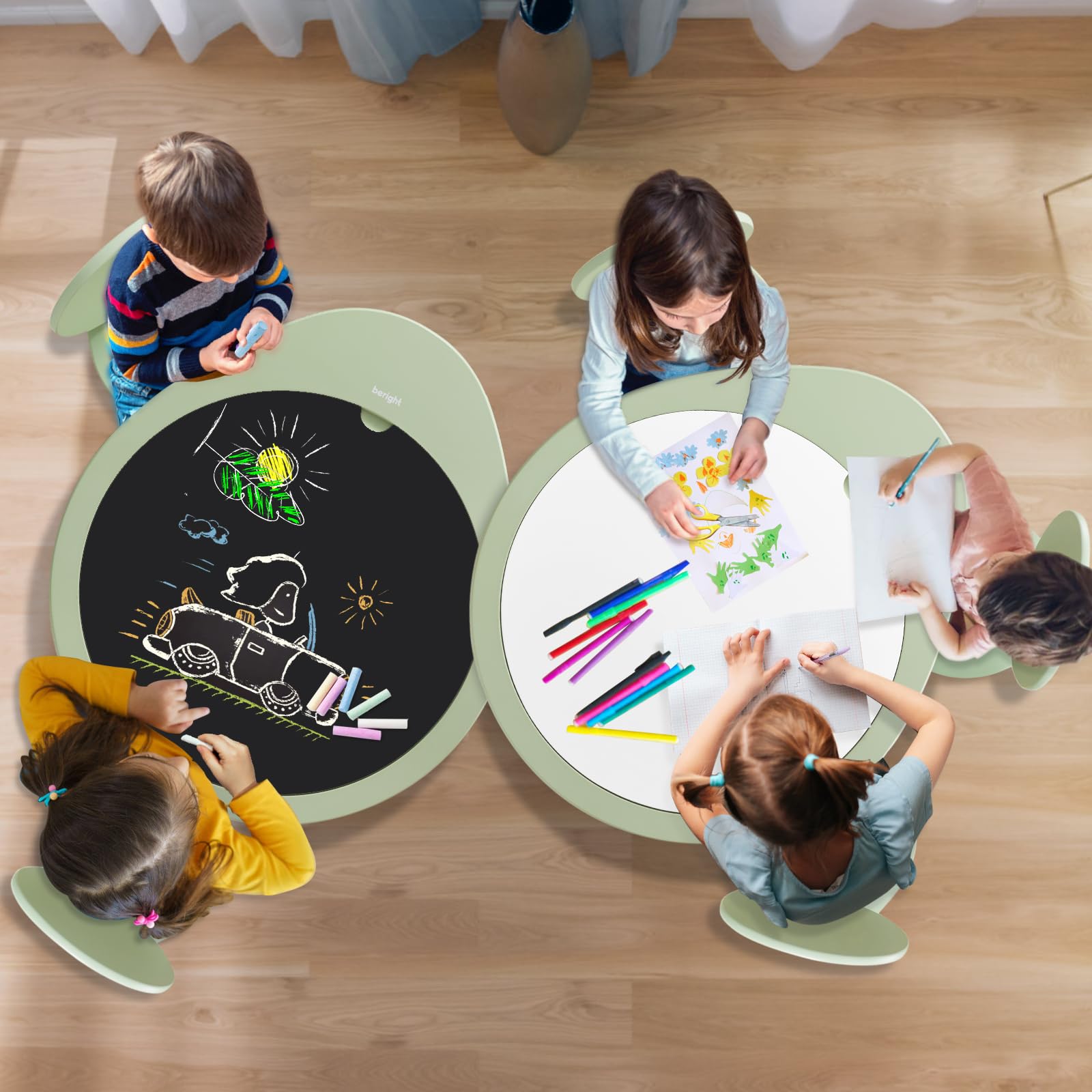Beright Kids Wooden Table and Chairs Set - Round Play Table with 2 Chairs for Toddlers, Removable Top Panel & Storage Bag - Perfect for Bedroom, Playroom & Kids Room - Green | Ideal for Arts & Crafts, Snack Time & Learning Activities