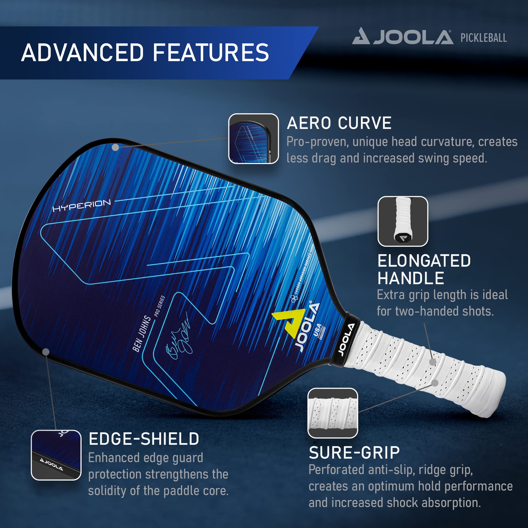JOOLA Ben Johns Hyperion Pickleball Paddle - USAPA Approved Carbon Fiber Paddle with Honeycomb Polypropylene Core - Enhanced Power & Spin Control - Carbon Surface & Ergonomic Elongated Handle for Sure-Grip - Perfect for Competitive Play & Recreational Pickleball Games