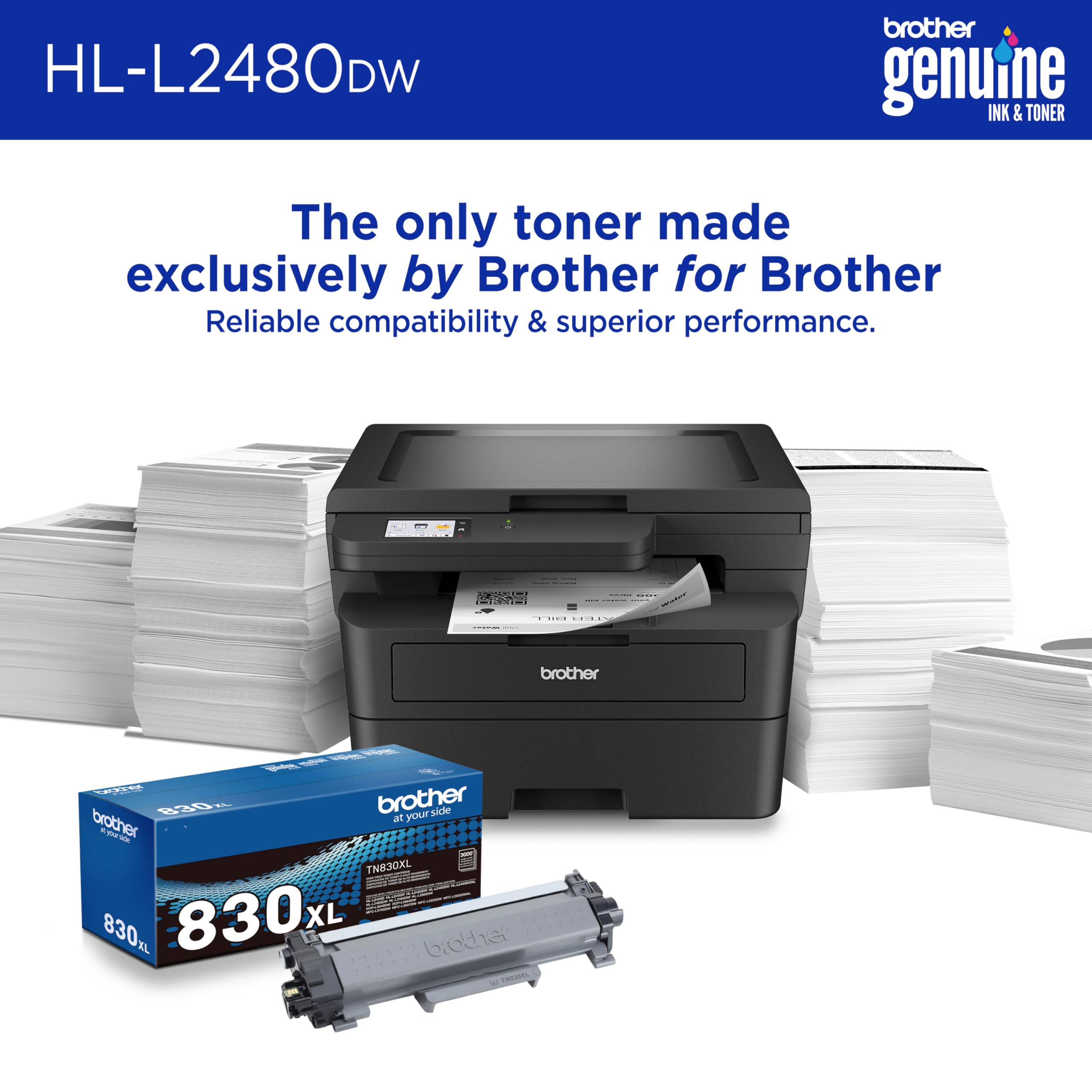 Brother HL-L2480DW Wireless Monochrome Laser Printer with Copy, Scan, Duplex Printing | Compact & Mobile for Home Office | Black & White Output | Includes Free Refresh Subscription Trial (Renewed Premium) | Perfect for Small Business & Remote Work