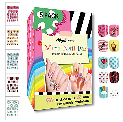 MayQueen 120 PCS 5 Pack Kids Press On Nails - Pre-Glued Full Cover False Nail Kits with Acrylic Designs for Girls (Mini Nail Bar) | Perfect for Birthday Parties, Playdates & Dress-Up Fun