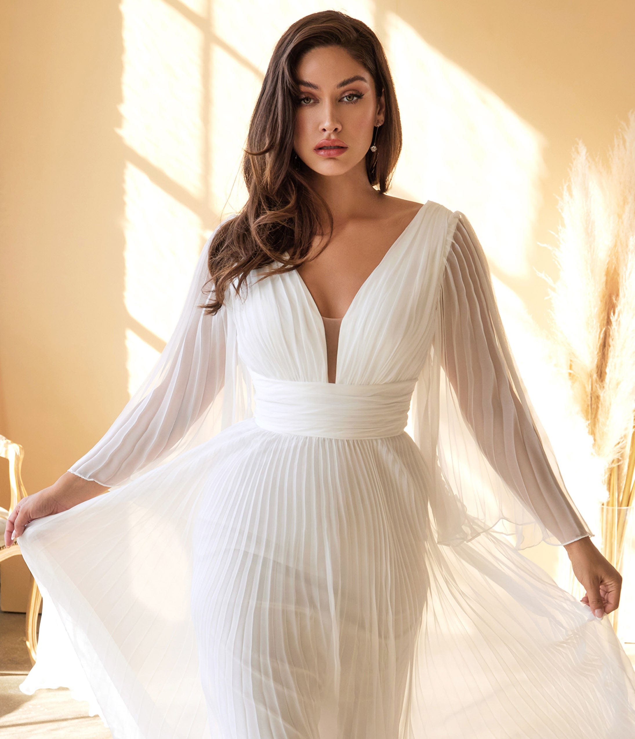 Cinderella Divine White Pleated Bridal Gown - Elegant Wedding Dress for Bride | Perfect for Church Ceremony, Beach Wedding & Formal Reception