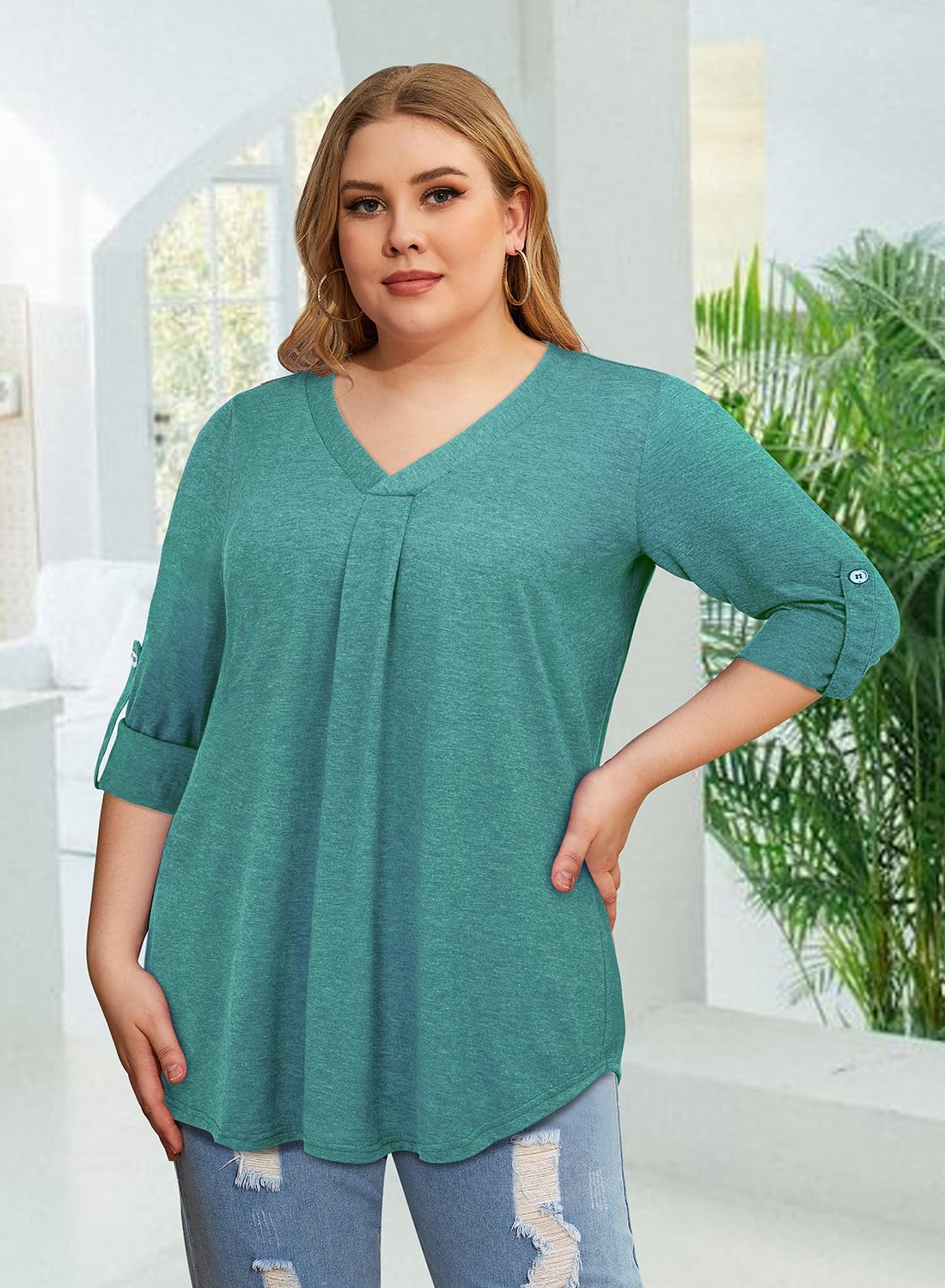 Plus Size Women's 3/4 Sleeve V-Neck Tunic Blouse - Siddhe Spring Summer 2025 Casual Tops for Work, Office & Everyday Wear