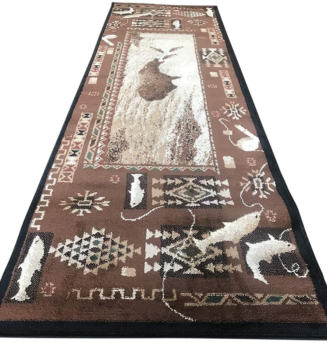 Champion Rugs Bear Fish Lodge Cabin Rustic Geometric Arrows Area Rug Carpet - 2' x 7' Runner in Tan Brown - Perfect for Cabin, Lodge, or Rustic Home Decor - Durable Floor Mat for Entryway, Hallway, or Bedroom
