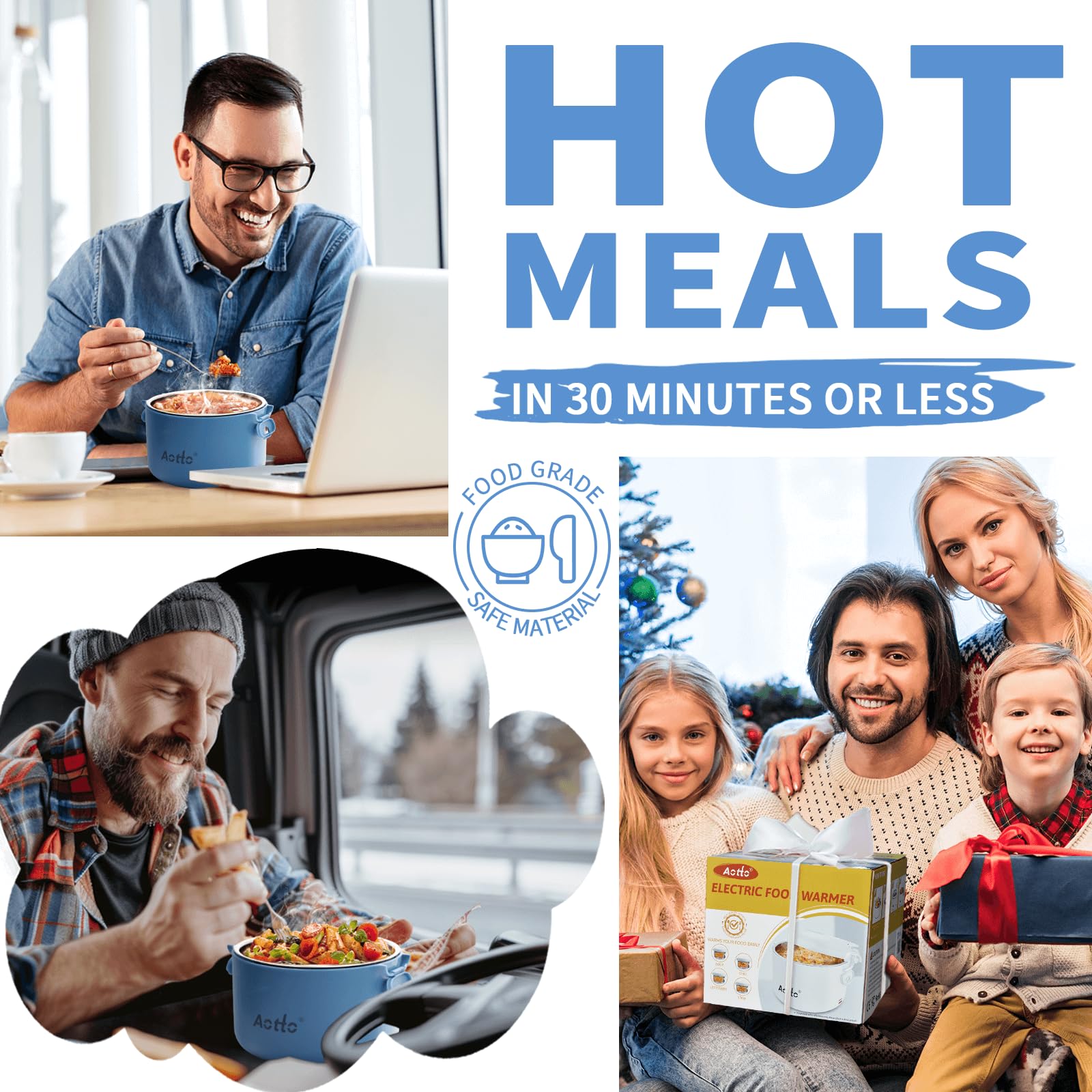 Aotto 32oz Electric Lunch Box - Portable Food Warmer for Office, Car & Travel - 12V/24V/110V 3-in-1 Heater - Spill-Proof Soup & Meal Warmer - Perfect Gift for Men & Women (Blue) - Ideal for Commuting, Road Trips & Workplace Lunch Heating