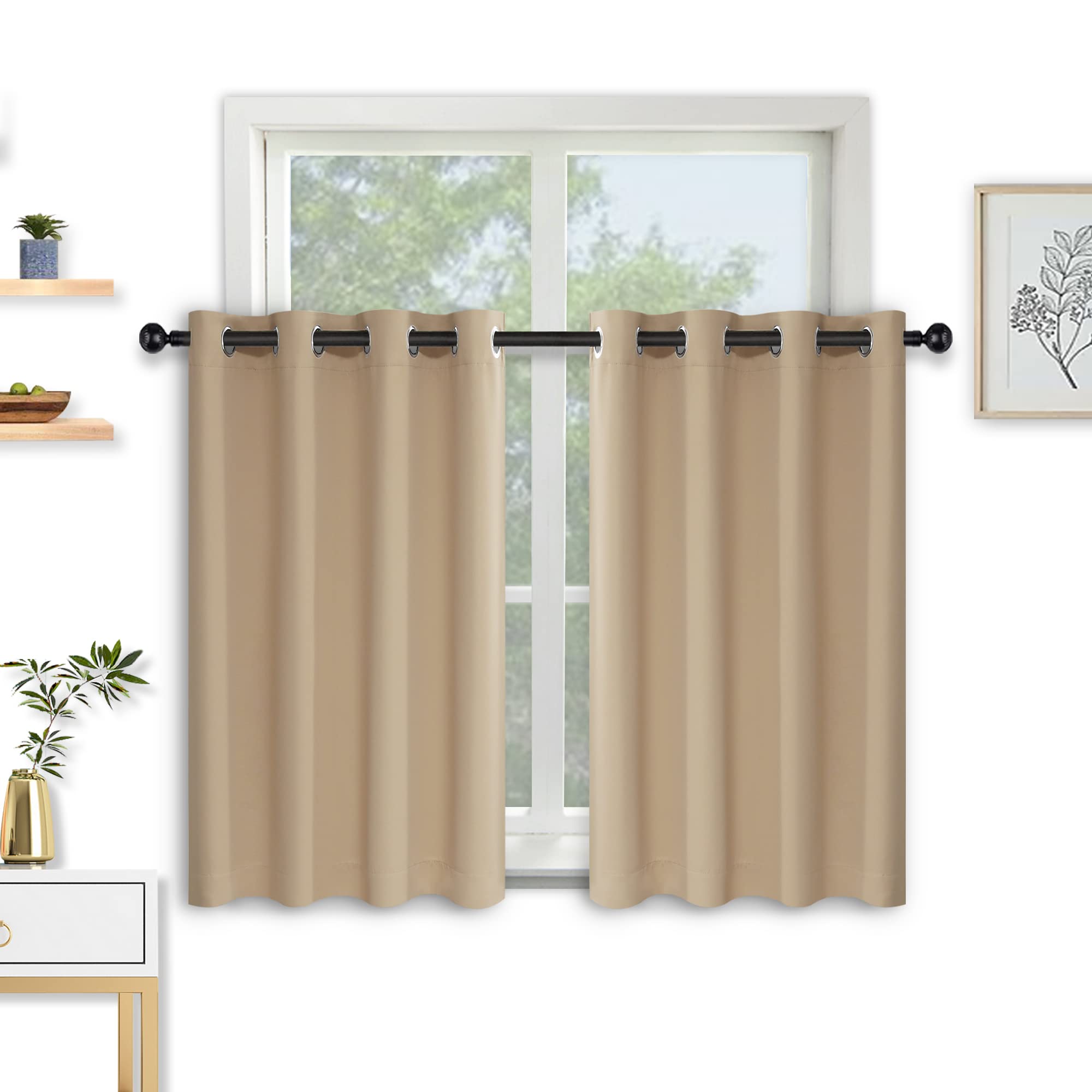 Kinryb Beige Small Window Curtain Tiers - 36 Inch Blackout Thermal Insulated Grommet Drapes for Kitchen, Bedroom & Bathroom (Set of 2 Panels, 52x36 Inches) - Perfect for Privacy, Light Control & Energy Efficiency in Cozy Home Spaces