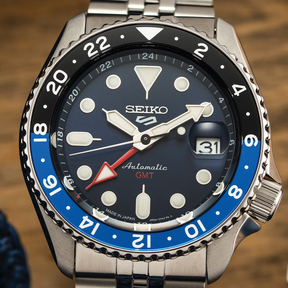 SSK003 Seiko 5 Sports GMT Automatic Watch 42.5mm Blue Dial Stainless Steel Bracelet - Perfect for Travel, Diving & Everyday Wear