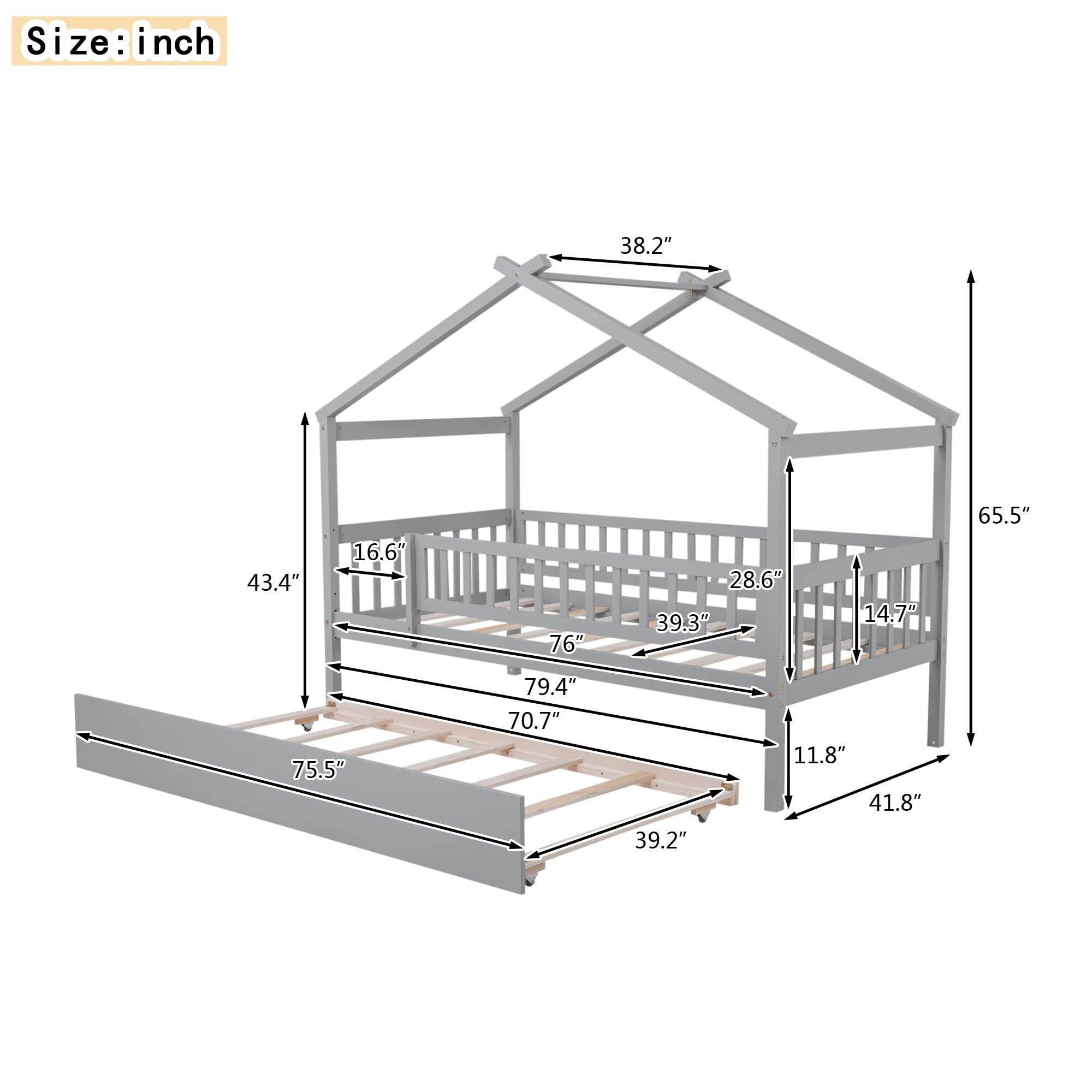 Twin House Bed with Trundle - Wooden Playhouse Bed Frame with Safety Rails & Roof Tent for Kids & Teens | Montessori Style Twin Size Platform Bed for Boys & Girls | No Box Spring Needed | Perfect for Bedroom, Playroom & Sleepovers (Gray)