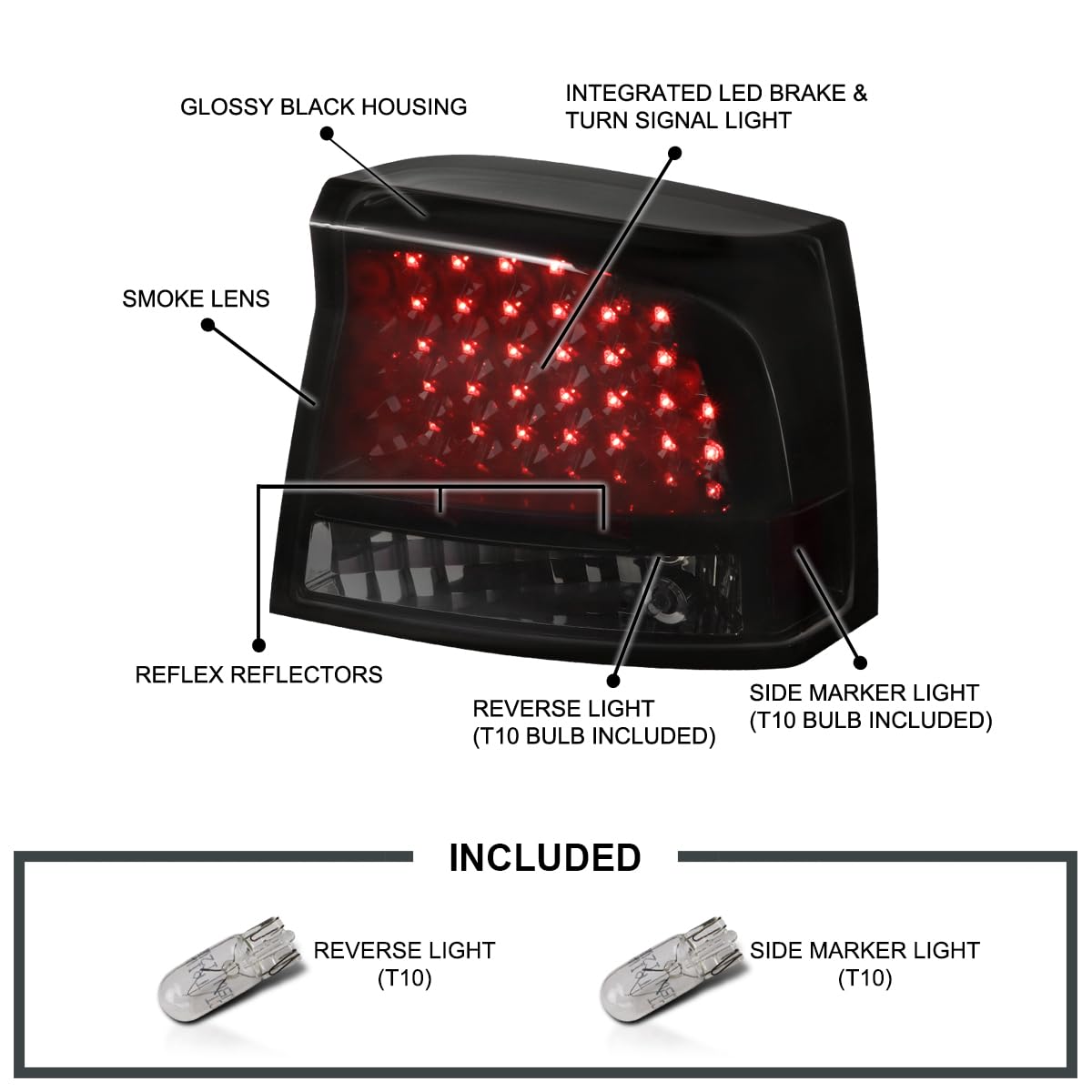 Spec-D Tuning LED Smoke Glossy Black Tail Brake Lights - Compatible with 2005-2010 Dodge Charger - Left & Right Pair Assembly - Enhanced Night Visibility & Style Upgrade for Your Vehicle