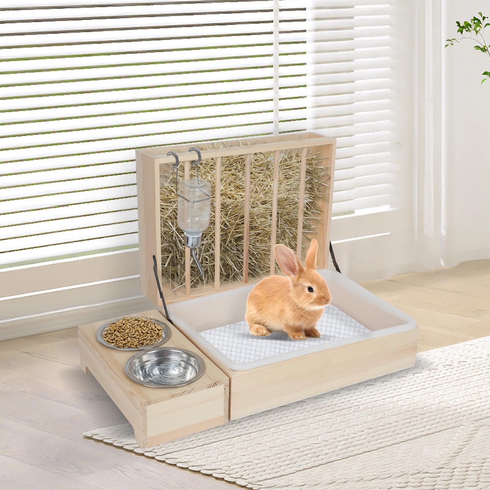 4 in 1 Rabbit Hay Feeder with 500ml Water Bottle, Food Bowl & Litter Box - Foldable Small Pet Cage Accessories for Clean & Healthy Habitat - Perfect for Indoor Bunny Cages, Hutch Enrichment, and Small Animal Care