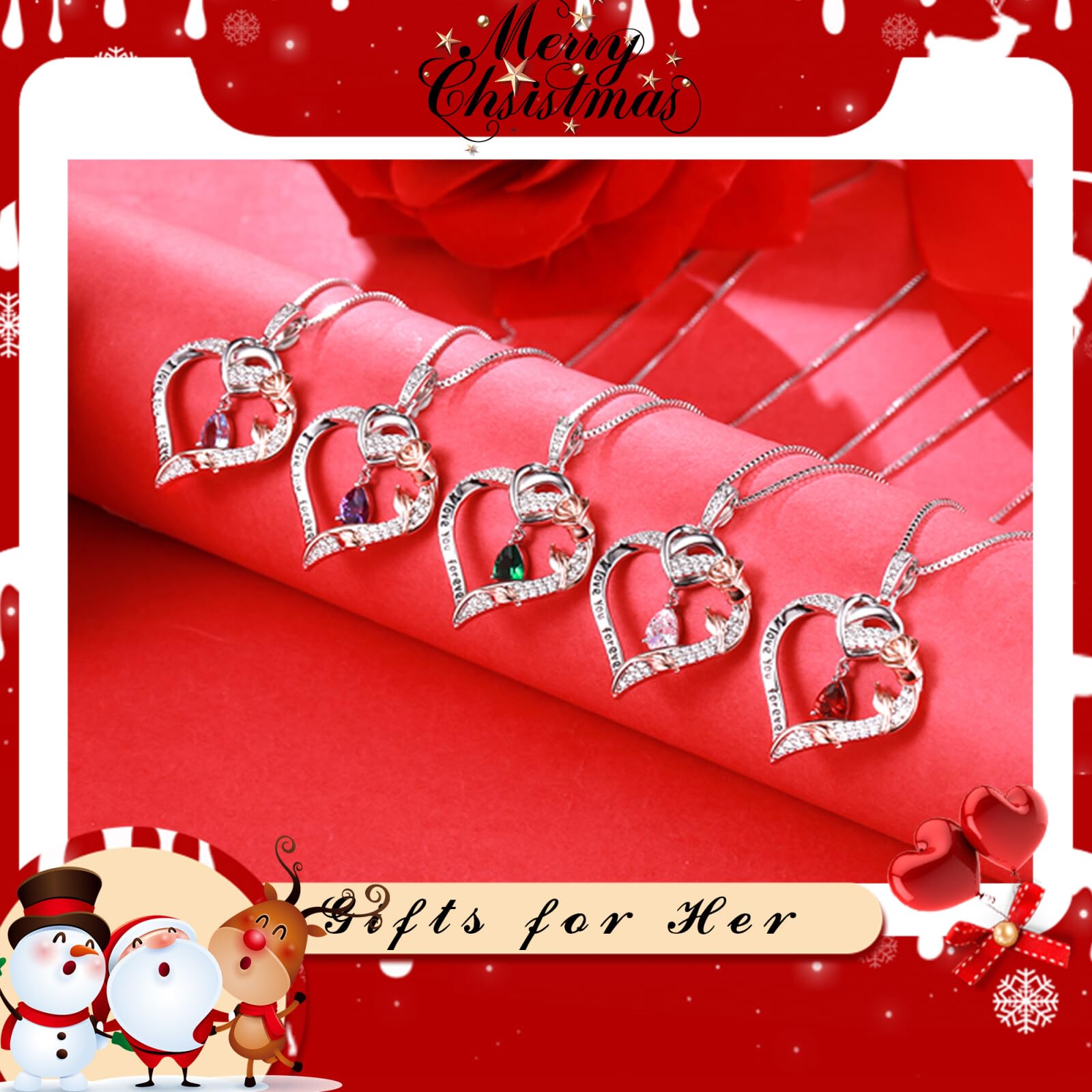 925 Sterling Silver Rose Heart Birthstone Necklace for Women - Personalized 