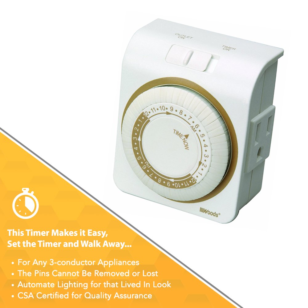 Woods 50001WD Heavy Duty 24-Hour Mechanical Timer Plug - Indoor Use with Grounded Outlet for Lamps, Appliances & Holiday Lights