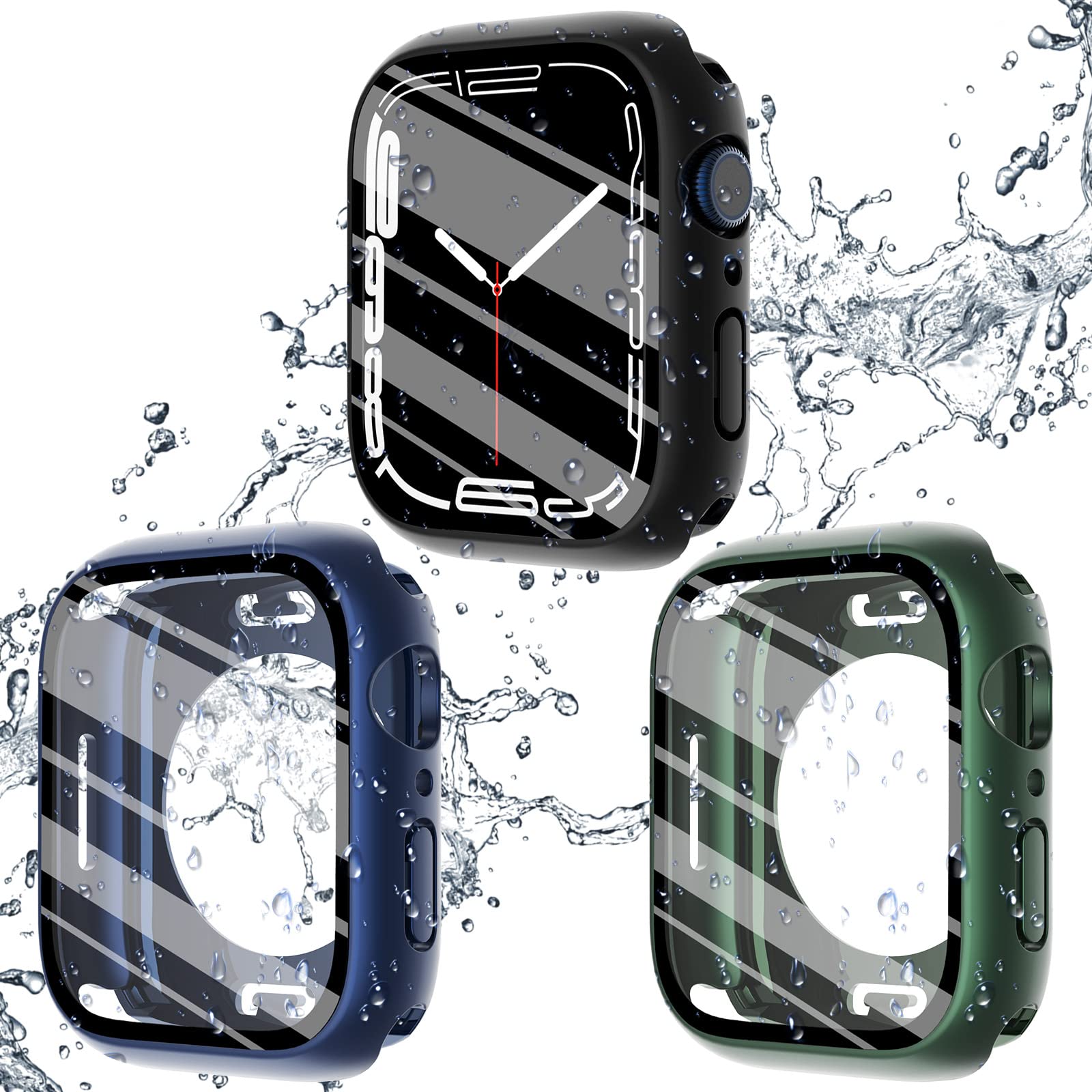 CHANCHY 3 Pack Waterproof Case for Apple Watch Series 8/7 41mm - Hard PC Full Protective Cover with Screen Protector & Back Bumper - Sports & Swimming Protection for Men & Women (Black/Blue/Green) - Ideal for Gym, Swimming & Outdoor Activities
