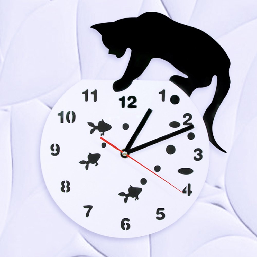 Adorable Cat on Fishbowl Wall Clock - Modern Art Decor for Cat Lovers, Unique Gift for Pet Owners | Perfect for Living Room, Bedroom & Office Decor